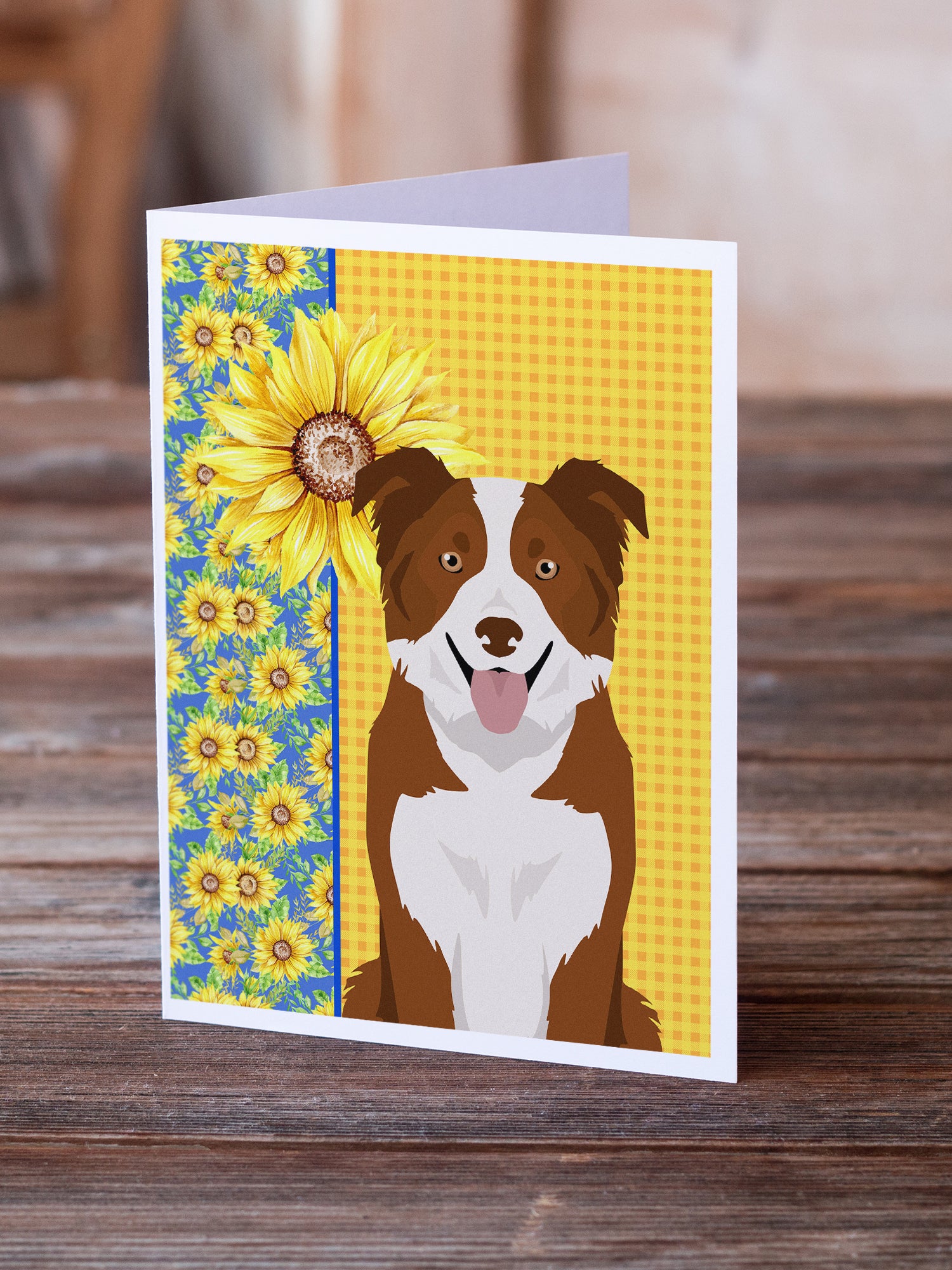 Buy this Summer Sunflowers Red and White Border Collie Greeting Cards and Envelopes Pack of 8