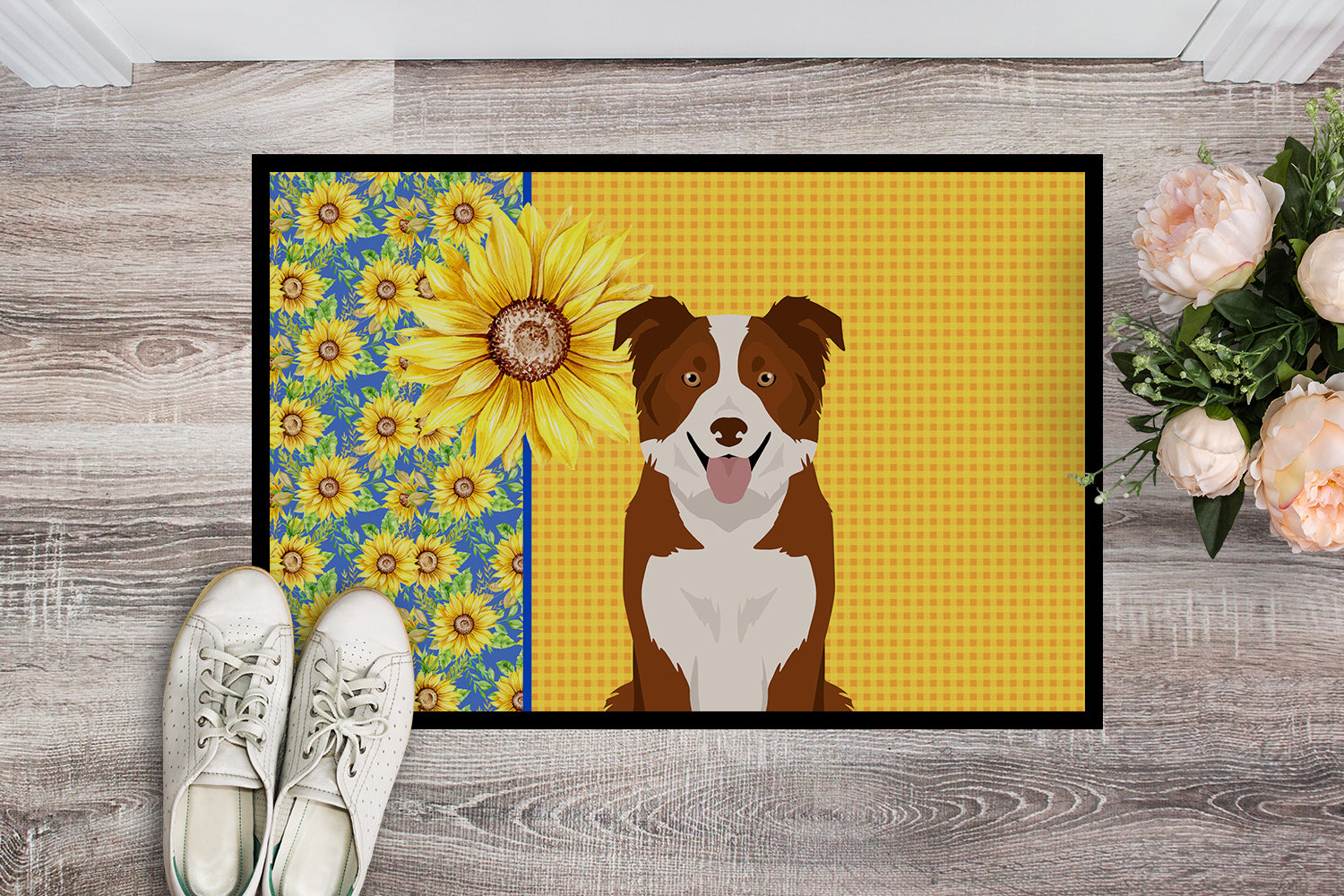 Summer Sunflowers Red and White Border Collie Indoor or Outdoor Mat 18x27 - the-store.com