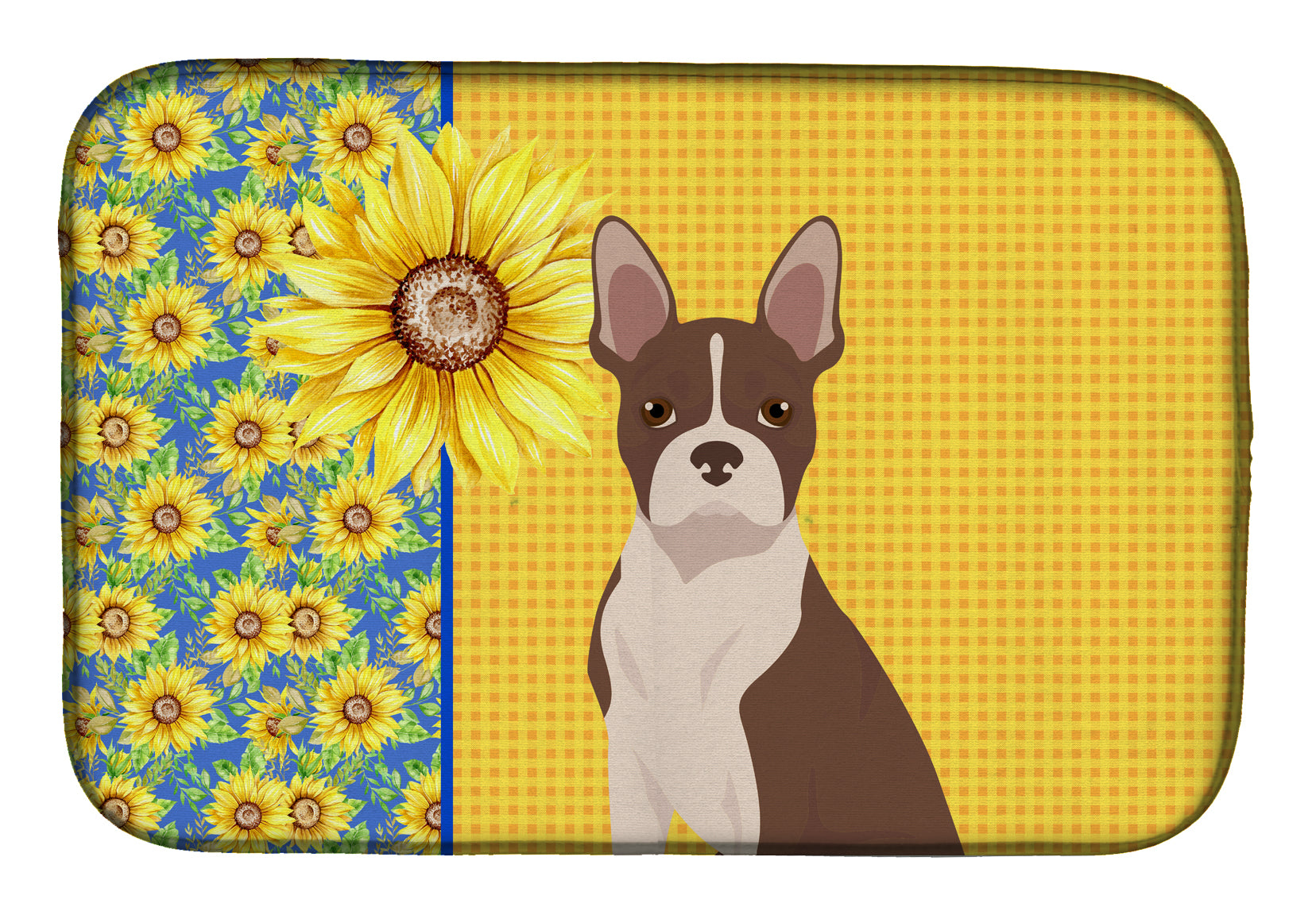 Summer Sunflowers Red Boston Terrier Dish Drying Mat  the-store.com.