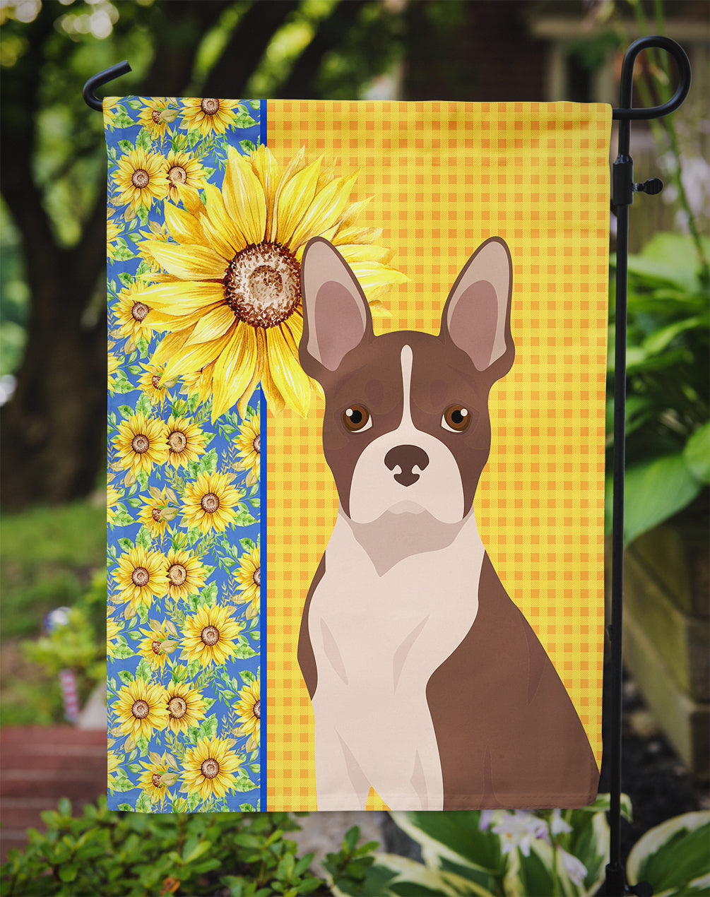 Summer Sunflowers Red Boston Terrier Flag Garden Size  the-store.com.