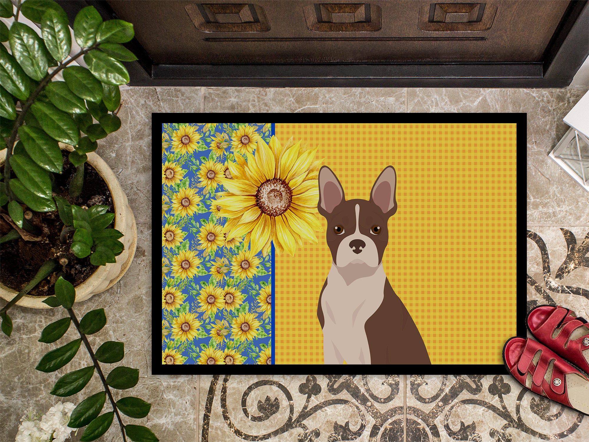 Summer Sunflowers Red Boston Terrier Indoor or Outdoor Mat 18x27 - the-store.com