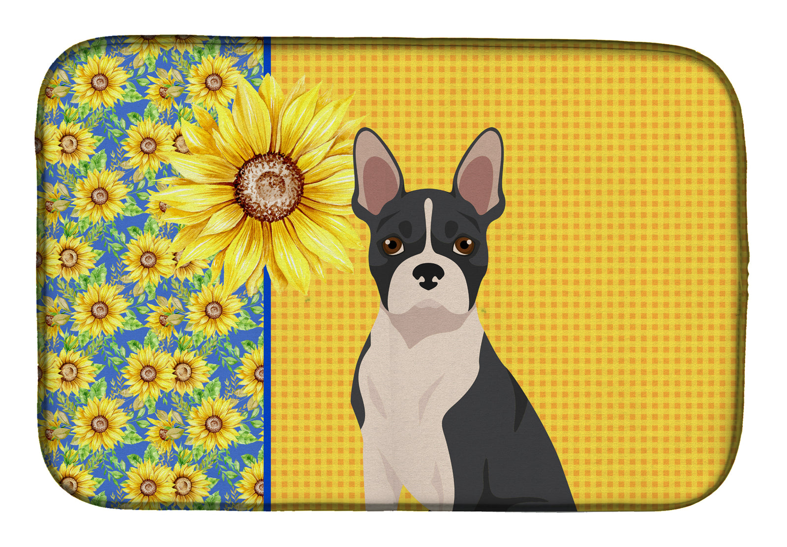 Summer Sunflowers Black Boston Terrier Dish Drying Mat  the-store.com.