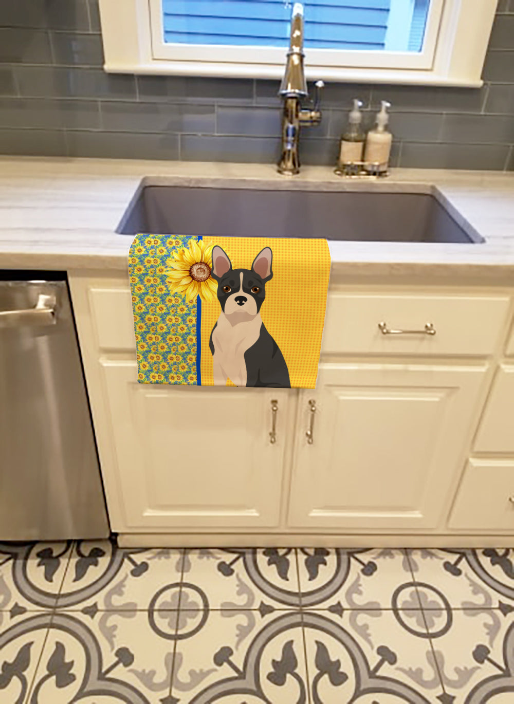 Buy this Summer Sunflowers Black Boston Terrier Kitchen Towel