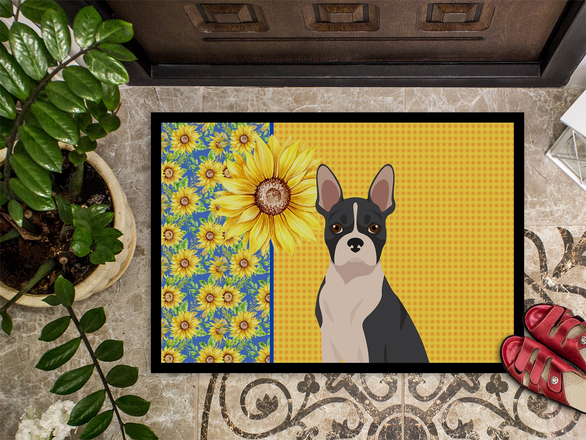 Summer Sunflowers Black Boston Terrier Indoor or Outdoor Mat 18x27 - the-store.com