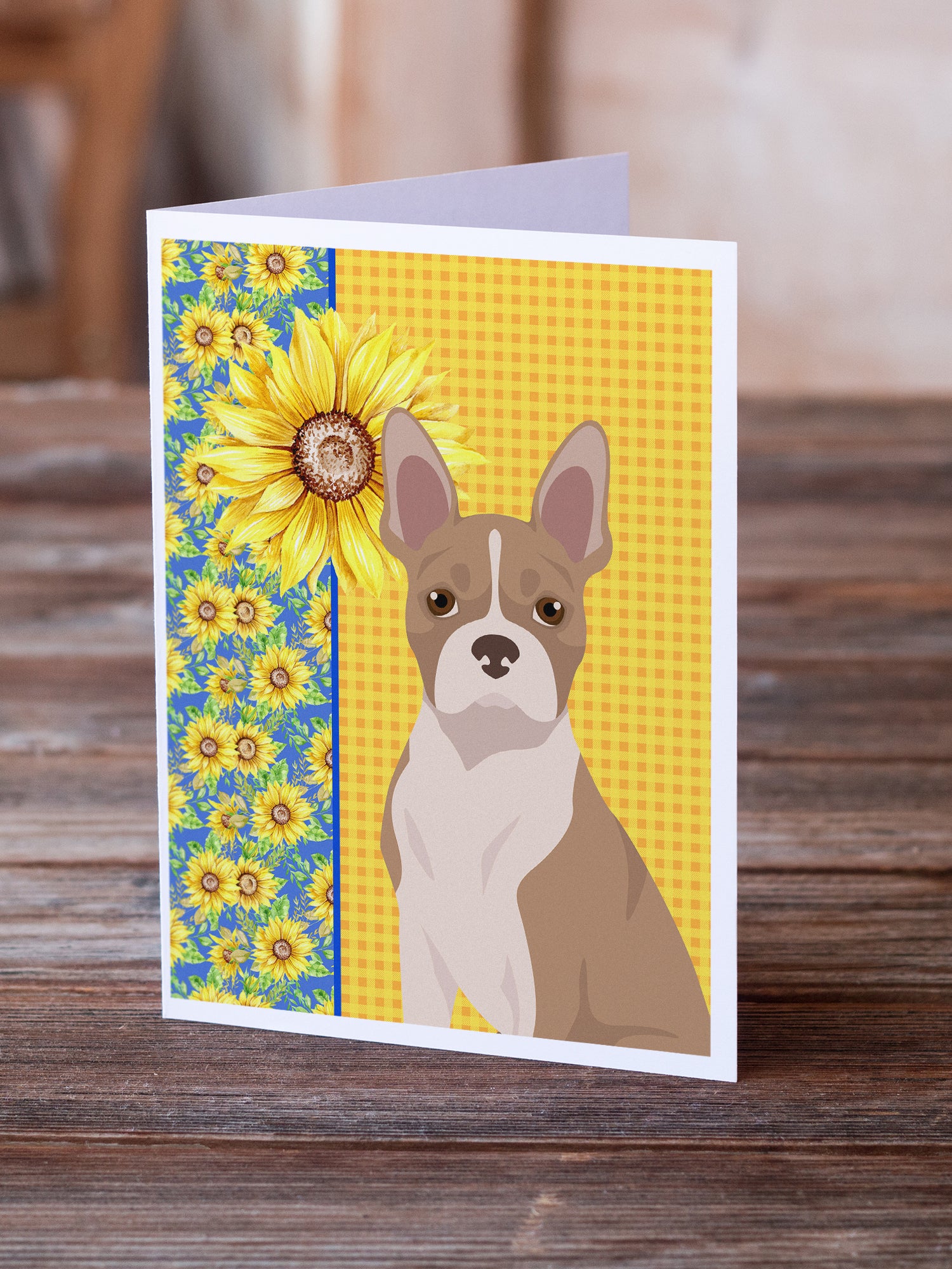 Summer Sunflowers Fawn Boston Terrier Greeting Cards and Envelopes Pack of 8 - the-store.com