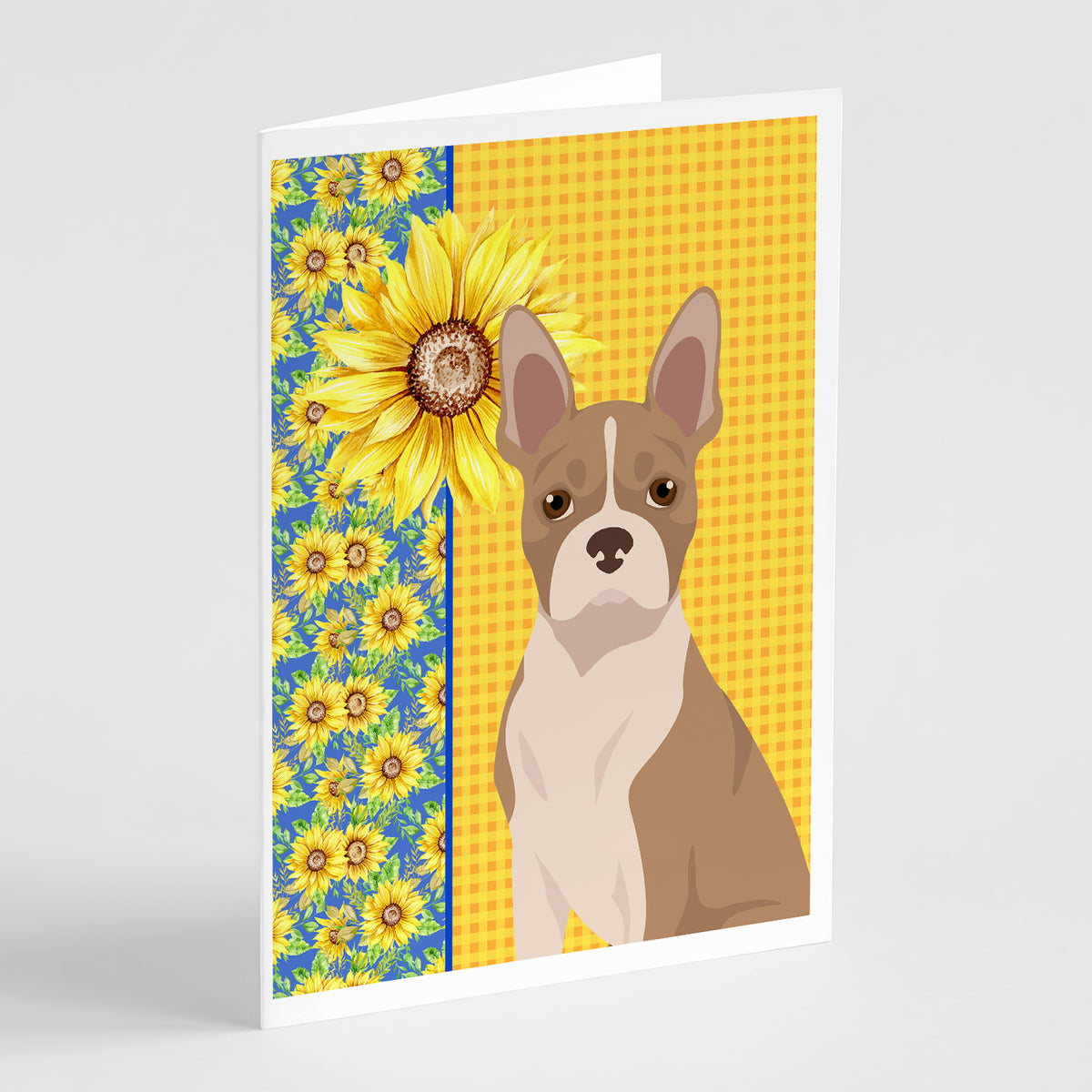 Buy this Summer Sunflowers Fawn Boston Terrier Greeting Cards and Envelopes Pack of 8