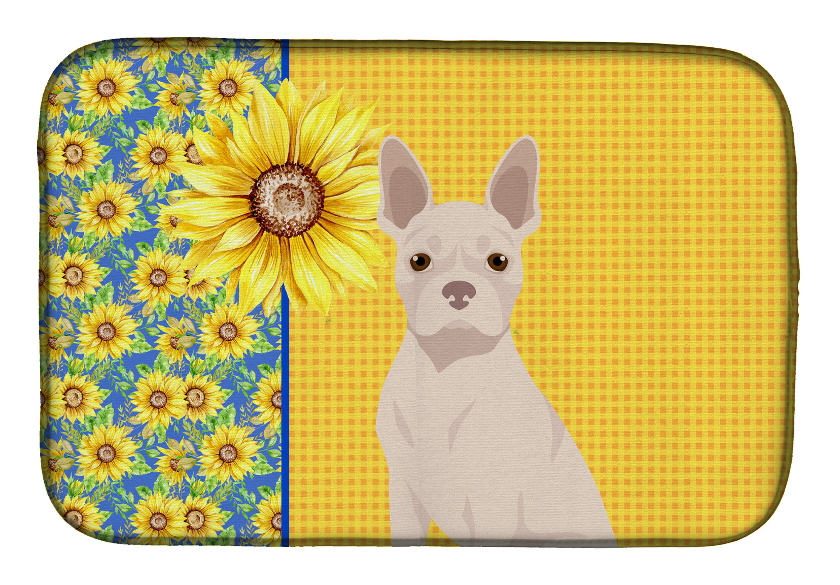 Summer Sunflowers White Boston Terrier Dish Drying Mat  the-store.com.