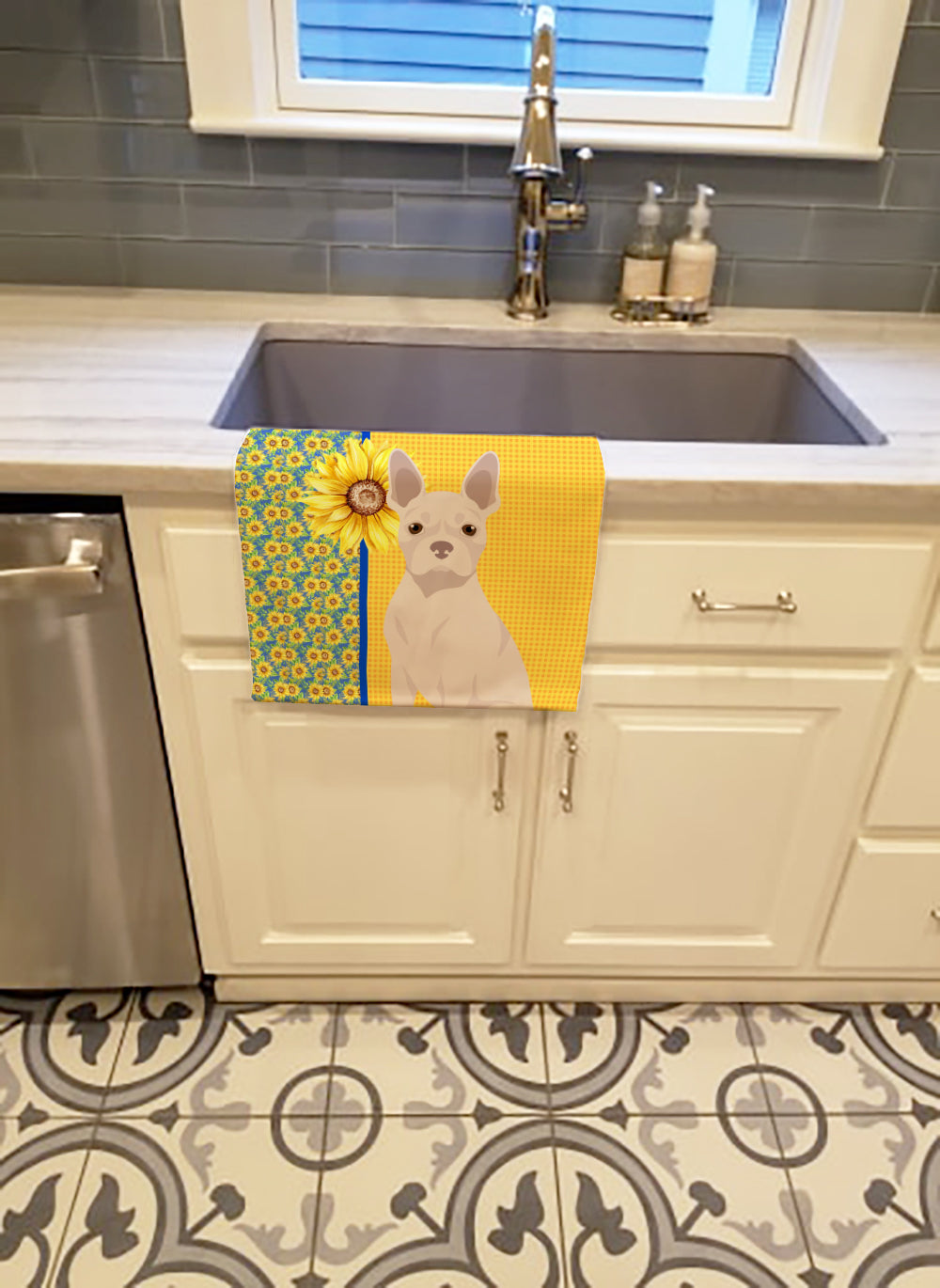 Summer Sunflowers White Boston Terrier Kitchen Towel - the-store.com