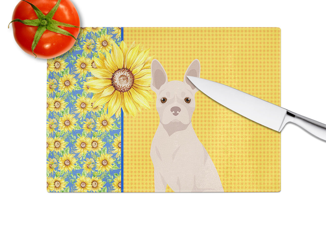 Summer Sunflowers White Boston Terrier Glass Cutting Board Large - the-store.com