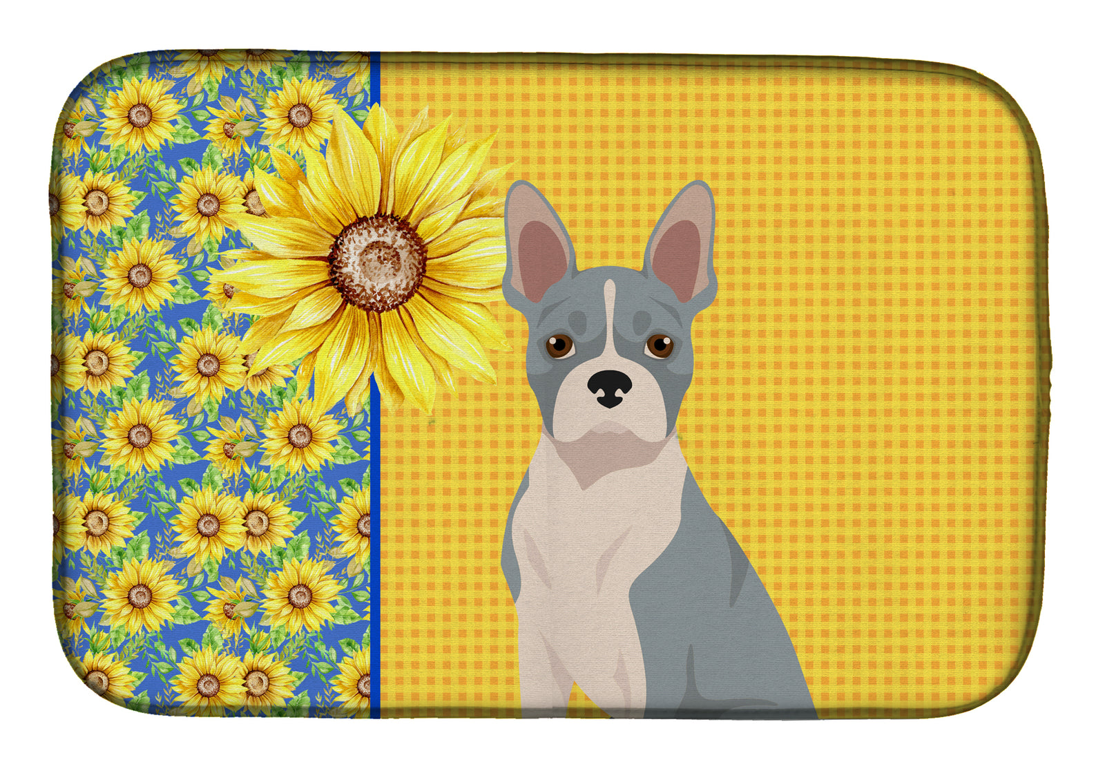 Summer Sunflowers Blue Boston Terrier Dish Drying Mat  the-store.com.