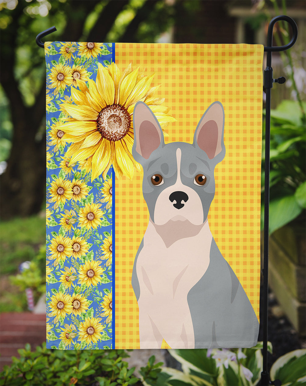 Summer Sunflowers Blue Boston Terrier Flag Garden Size  the-store.com.