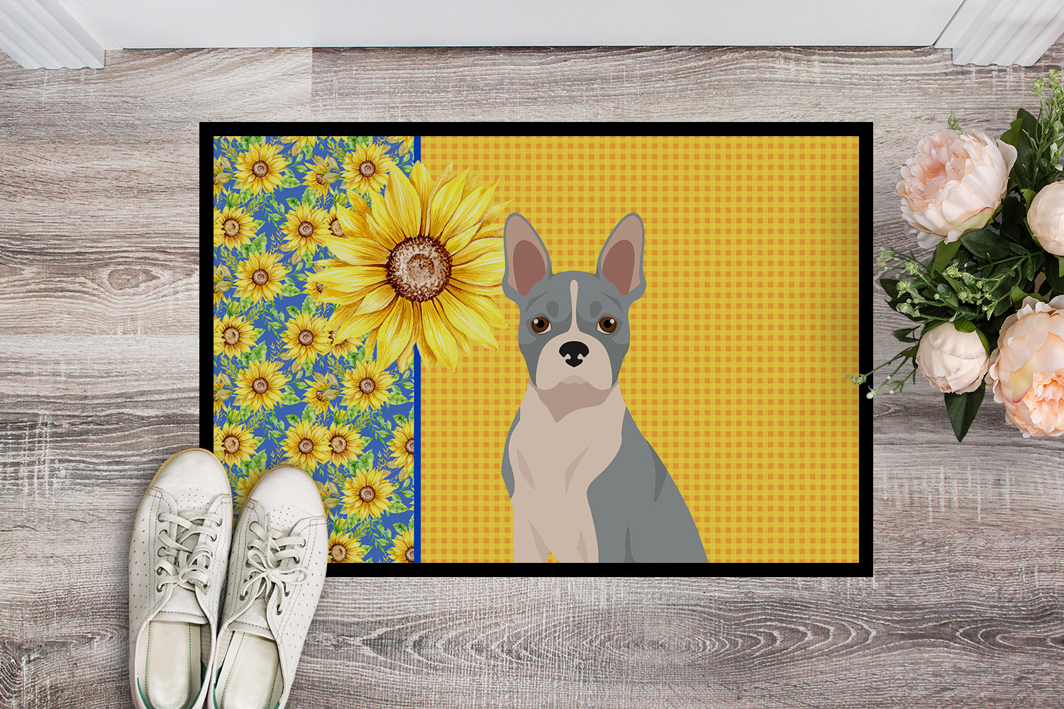 Summer Sunflowers Blue Boston Terrier Indoor or Outdoor Mat 24x36 - the-store.com