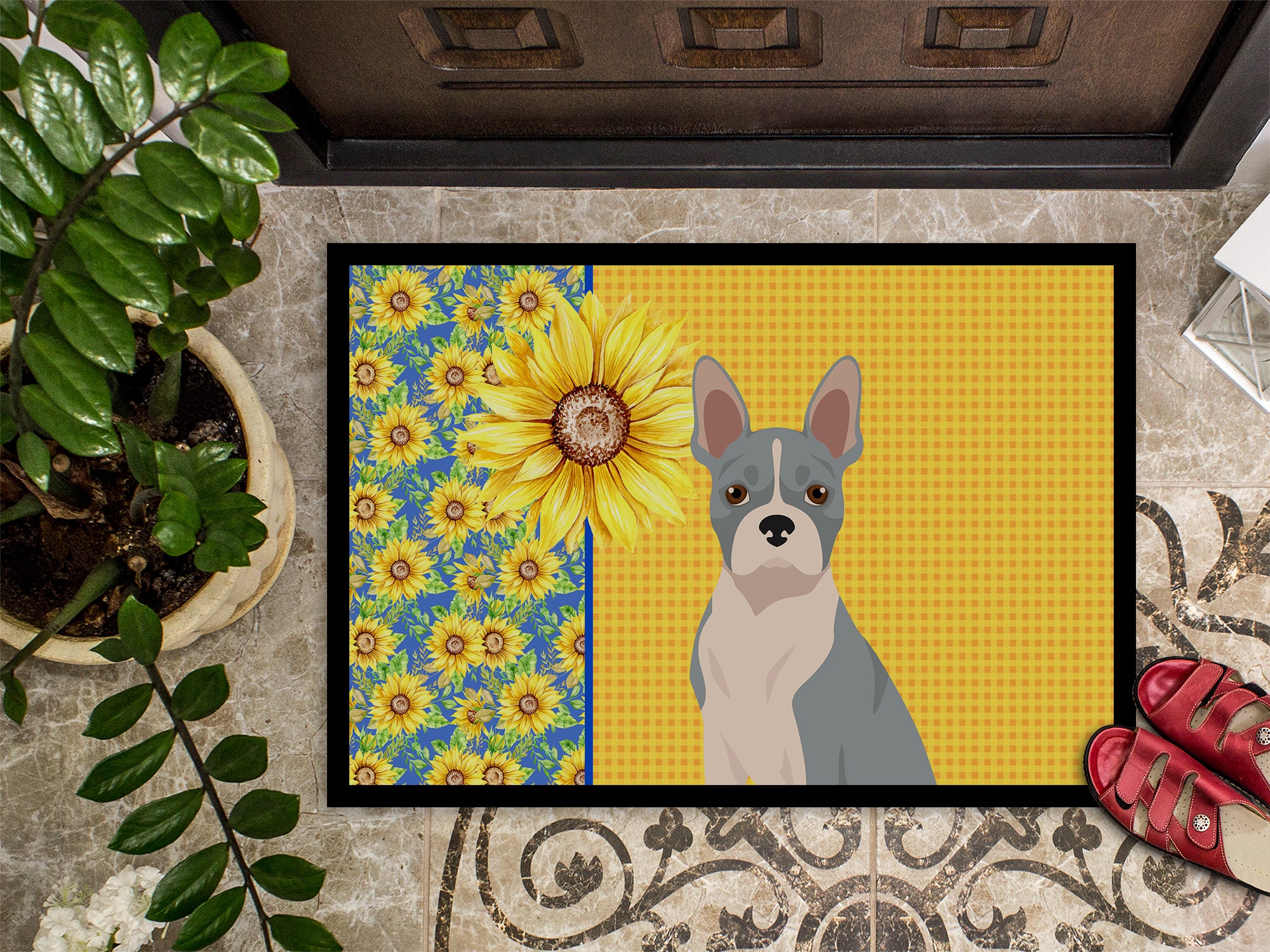 Summer Sunflowers Blue Boston Terrier Indoor or Outdoor Mat 24x36 - the-store.com