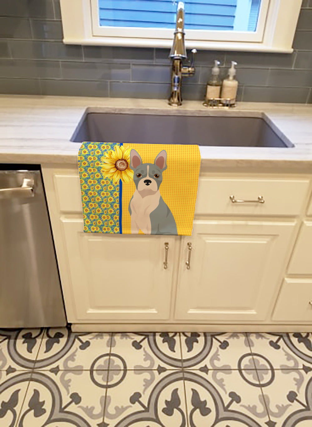 Buy this Summer Sunflowers Blue Boston Terrier Kitchen Towel