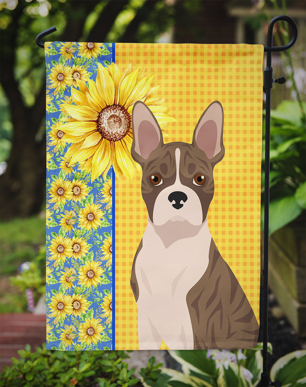 Summer Sunflowers Brindle Boston Terrier Flag Garden Size  the-store.com.