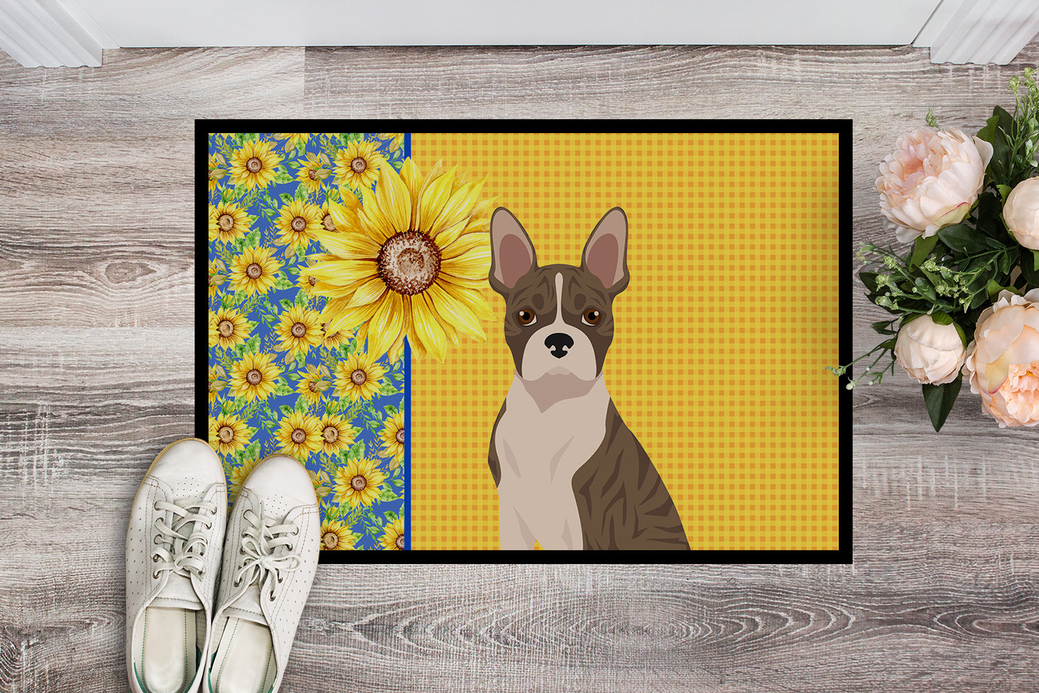 Summer Sunflowers Brindle Boston Terrier Indoor or Outdoor Mat 18x27 - the-store.com