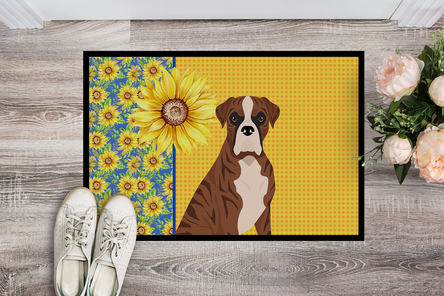 Summer Sunflowers Natural Eared Red Brindle Boxer Indoor or Outdoor Mat 18x27 - the-store.com