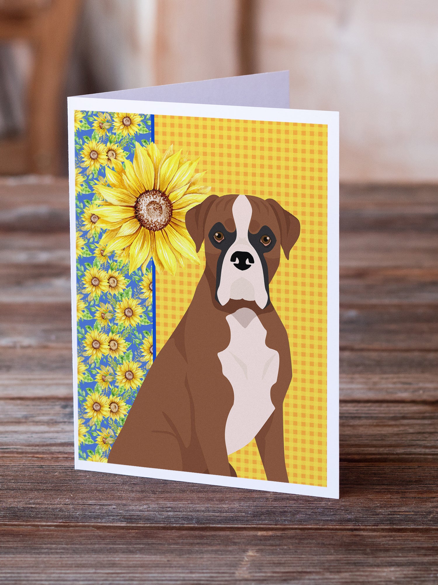 Buy this Summer Sunflowers Natural Eared Red Fawn Boxer Greeting Cards and Envelopes Pack of 8