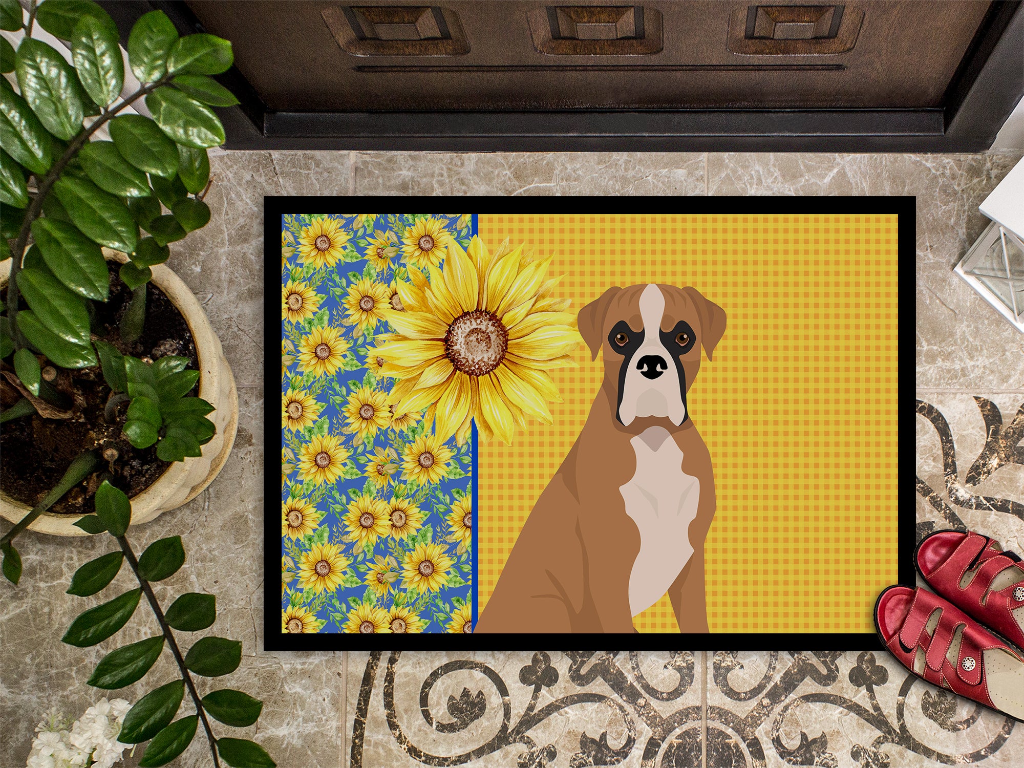 Summer Sunflowers Natural Eared Fawn Boxer Indoor or Outdoor Mat 18x27 - the-store.com