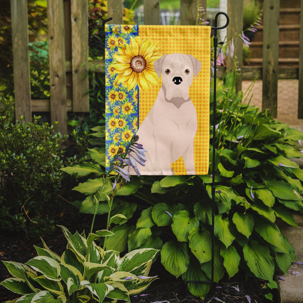 Summer Sunflowers Natural Eared White Boxer Flag Garden Size  the-store.com.