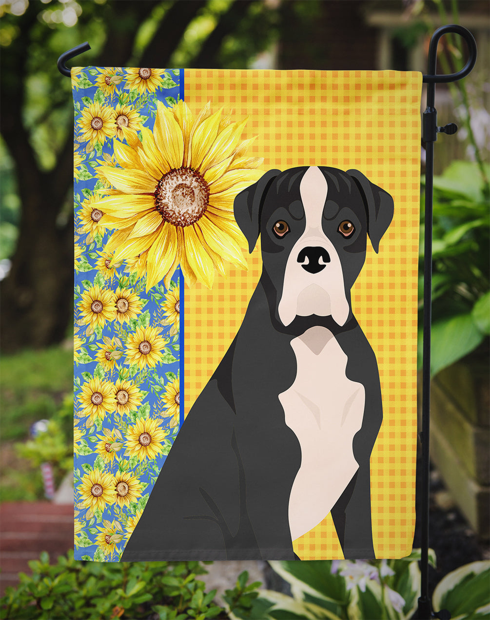 Summer Sunflowers Natural Eared Black Boxer Flag Garden Size  the-store.com.