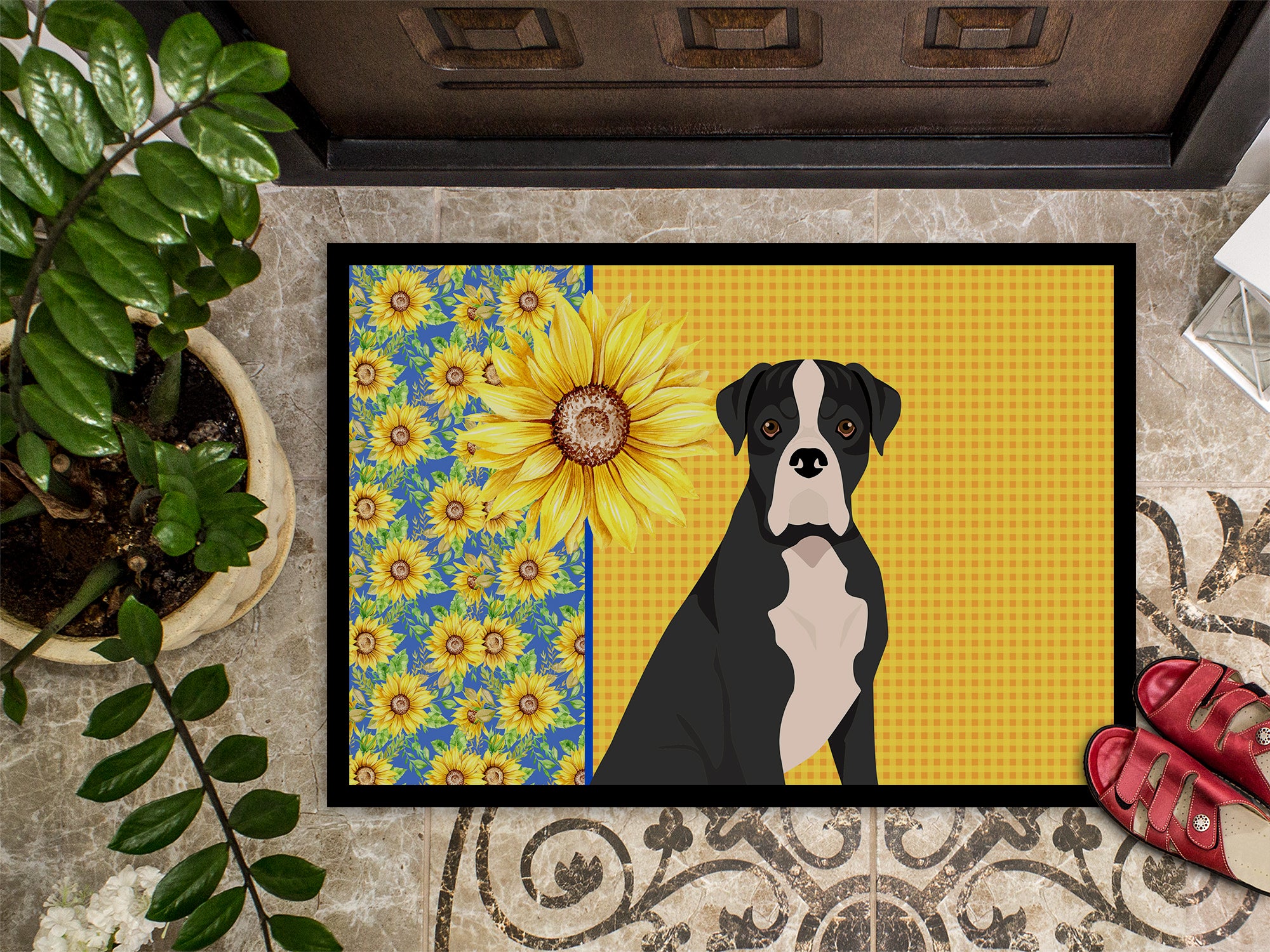 Summer Sunflowers Natural Eared Black Boxer Indoor or Outdoor Mat 24x36 - the-store.com