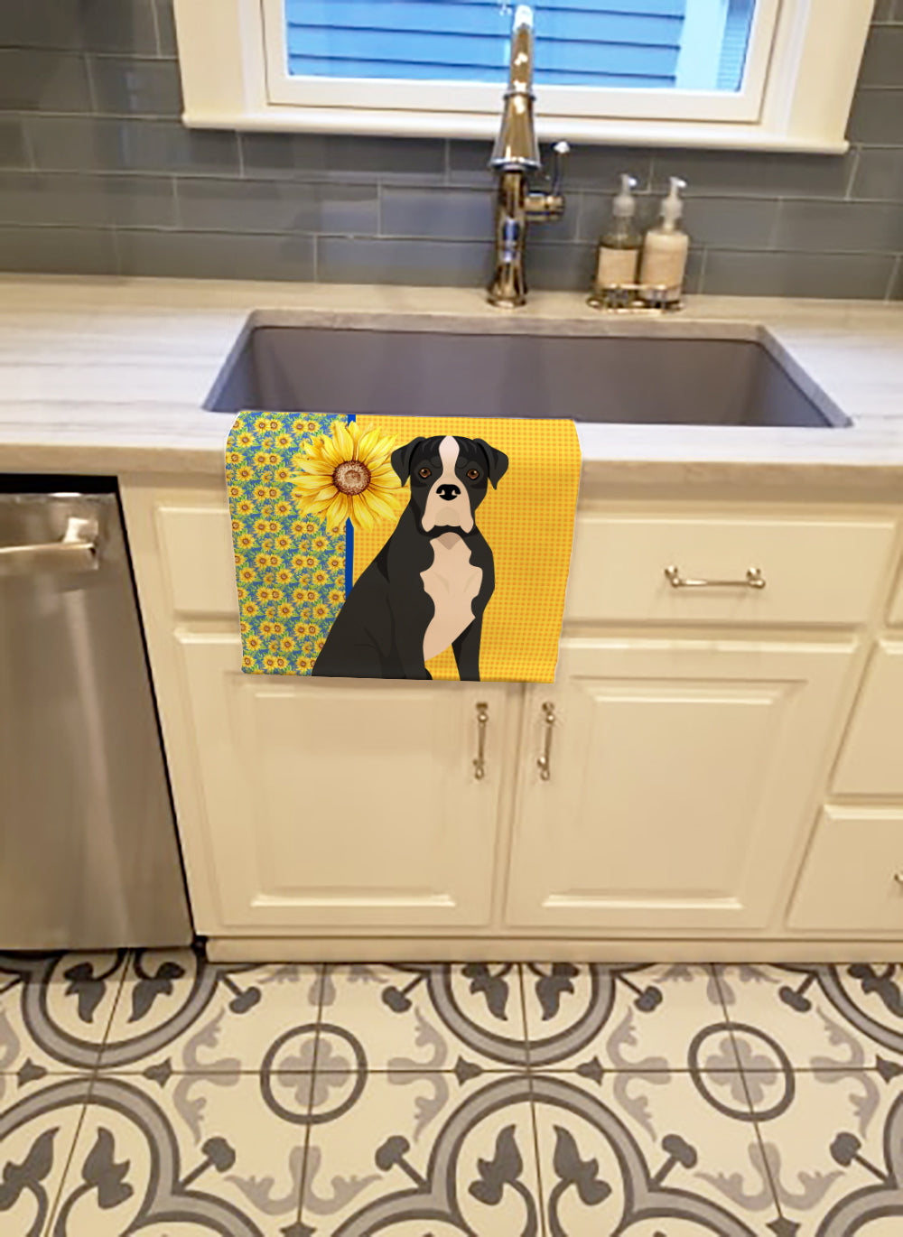 Buy this Summer Sunflowers Natural Eared Black Boxer Kitchen Towel