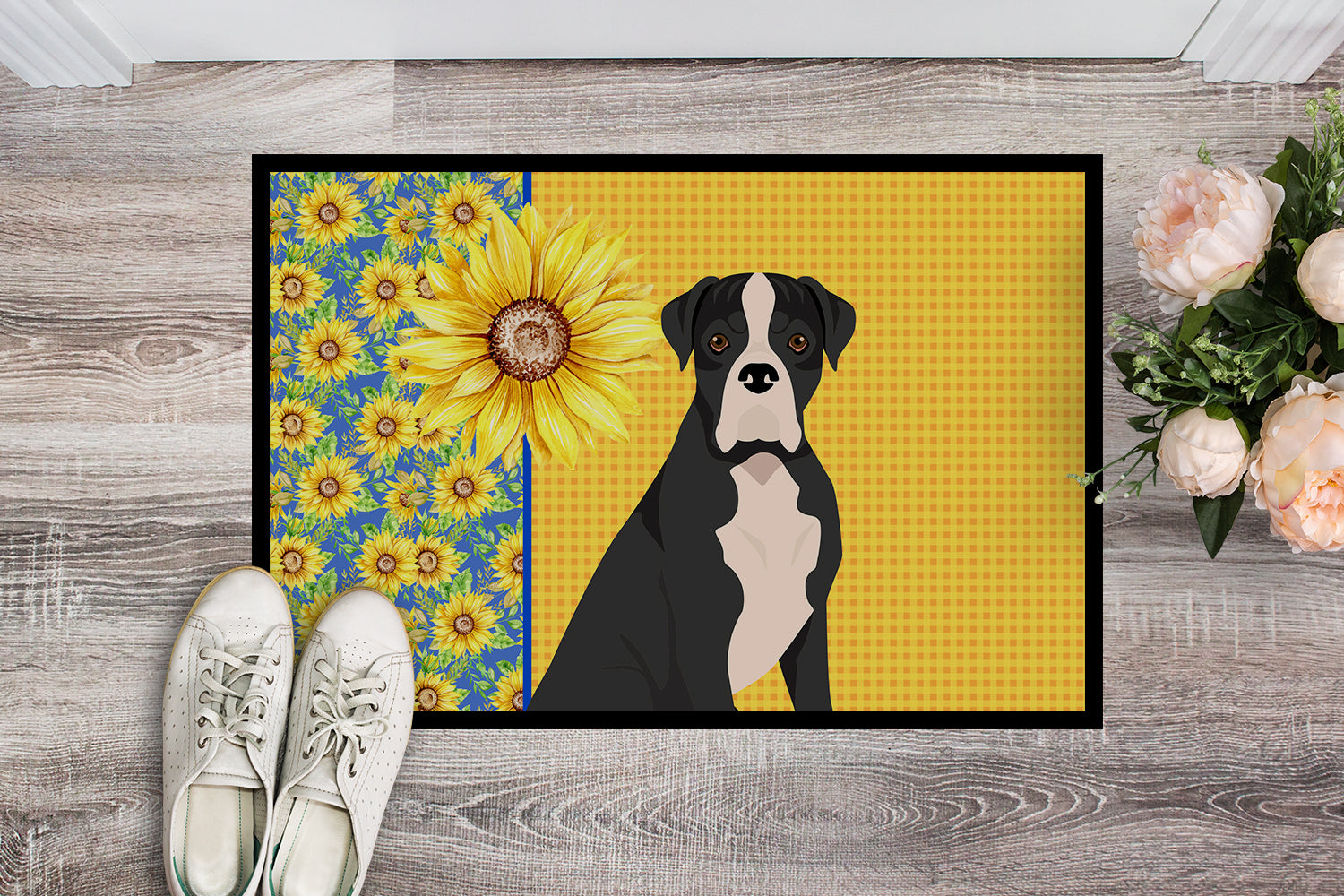 Summer Sunflowers Natural Eared Black Boxer Indoor or Outdoor Mat 18x27 - the-store.com