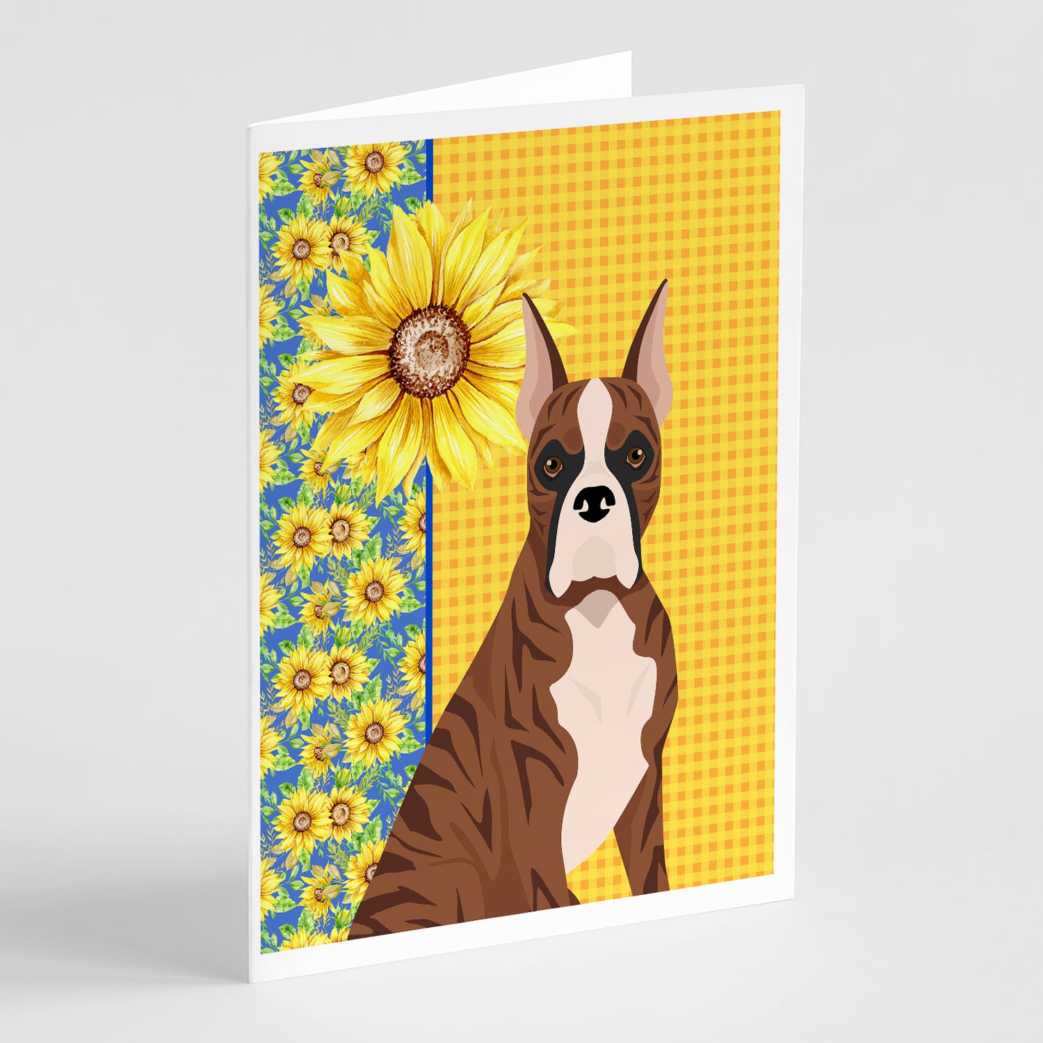 Buy this Summer Sunflowers Red Brindle Boxer Greeting Cards and Envelopes Pack of 8