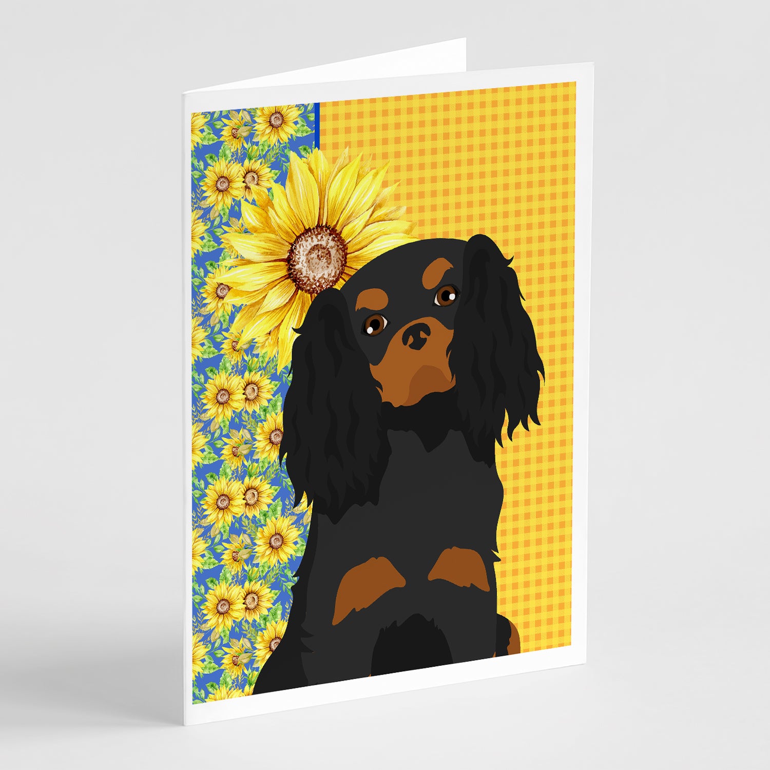 Buy this Summer Sunflowers Black and Tan Cavalier Spaniel Greeting Cards and Envelopes Pack of 8