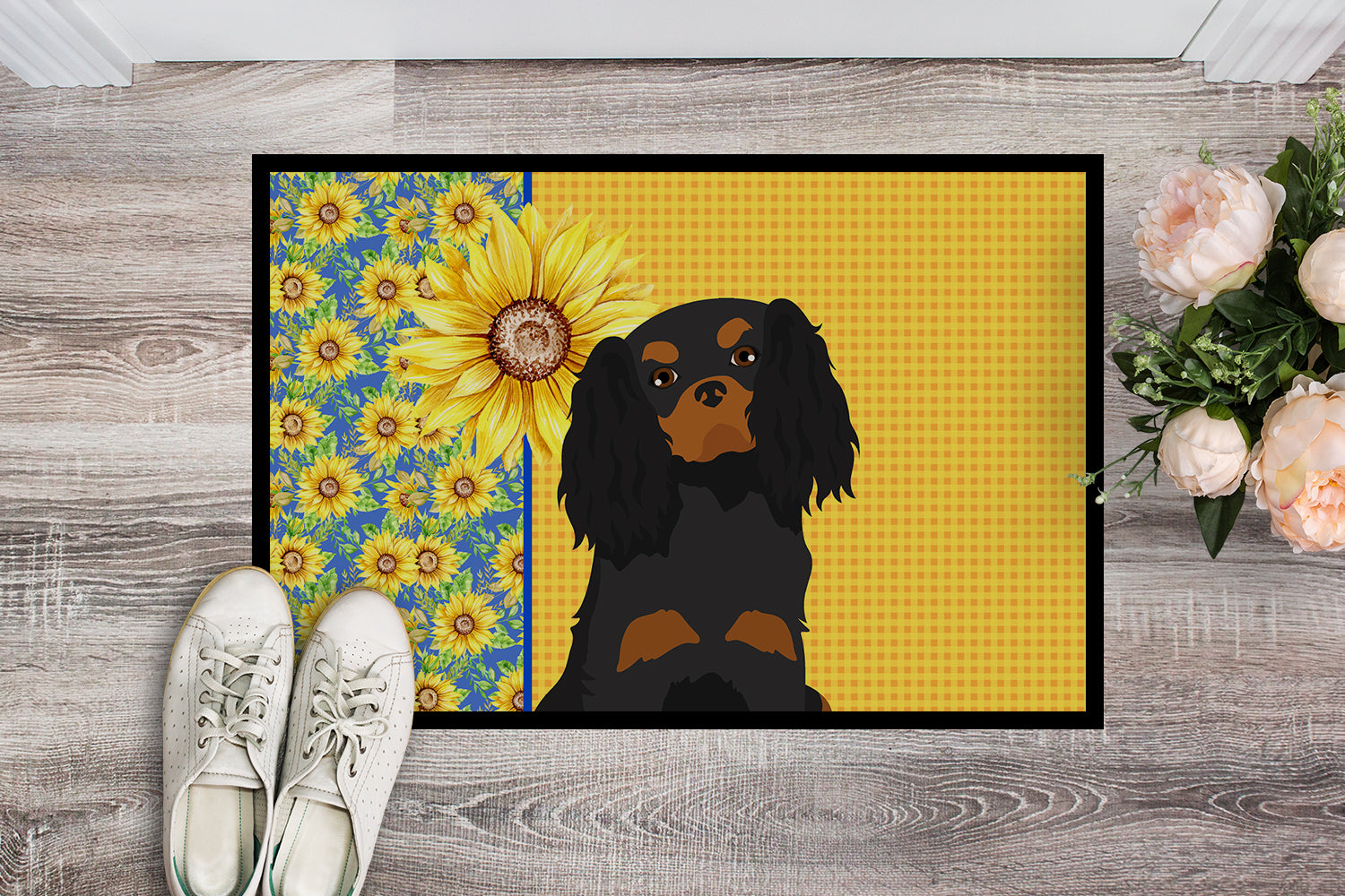 Summer Sunflowers Black and Tan Cavalier Spaniel Indoor or Outdoor Mat 18x27 - the-store.com