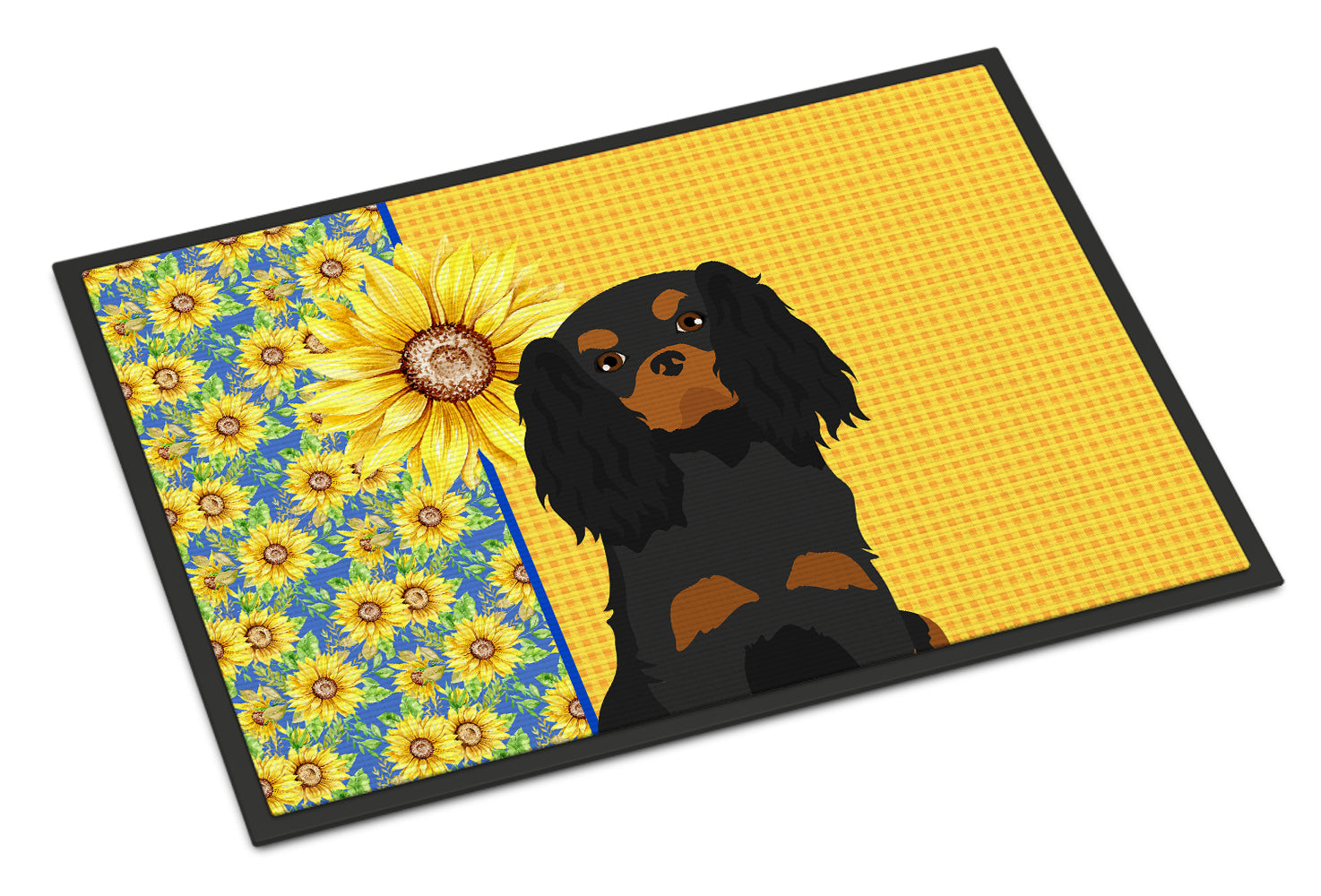 Buy this Summer Sunflowers Black and Tan Cavalier Spaniel Indoor or Outdoor Mat 18x27