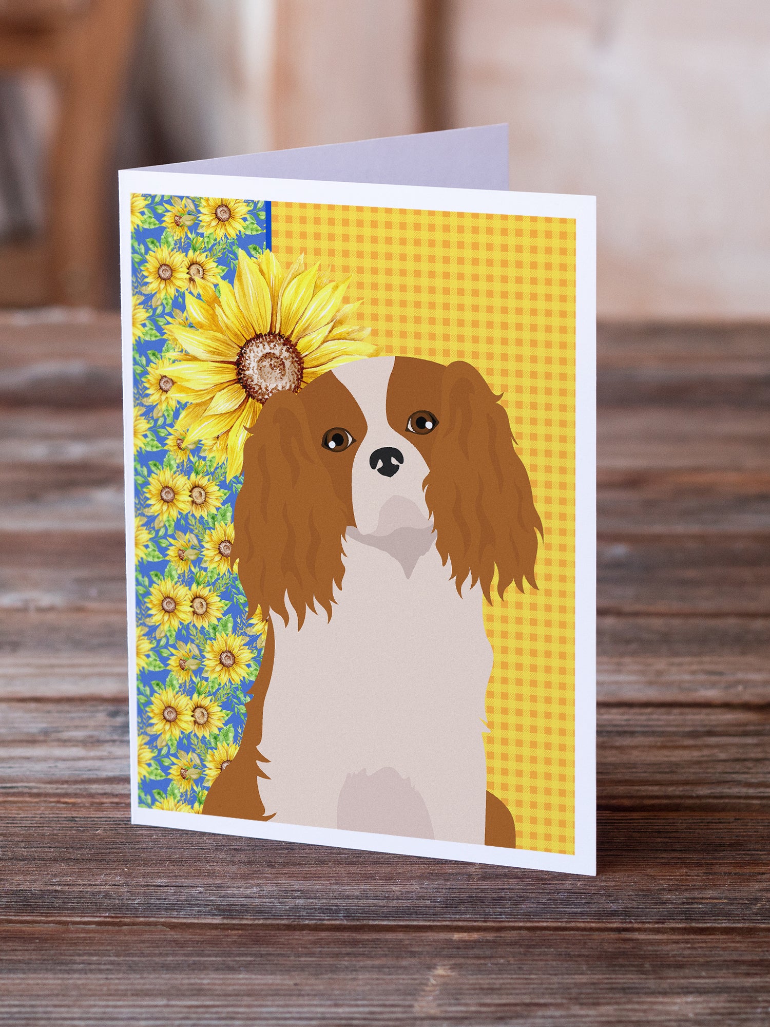 Buy this Summer Sunflowers Blenheim Cavalier Spaniel Greeting Cards and Envelopes Pack of 8