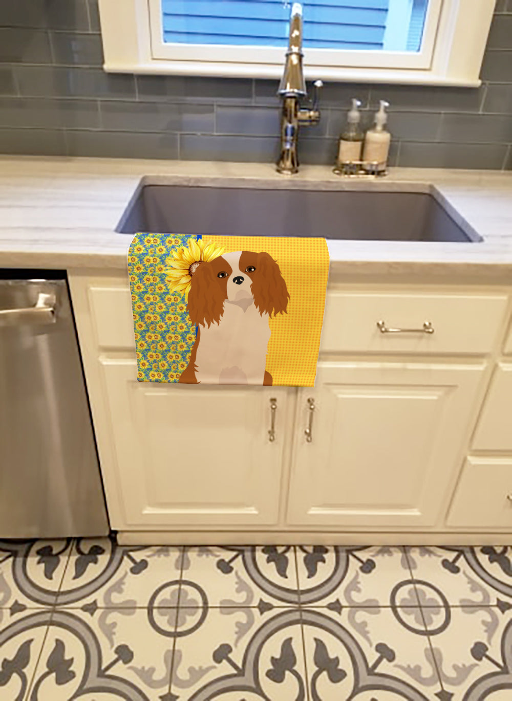 Buy this Summer Sunflowers Blenheim Cavalier Spaniel Kitchen Towel