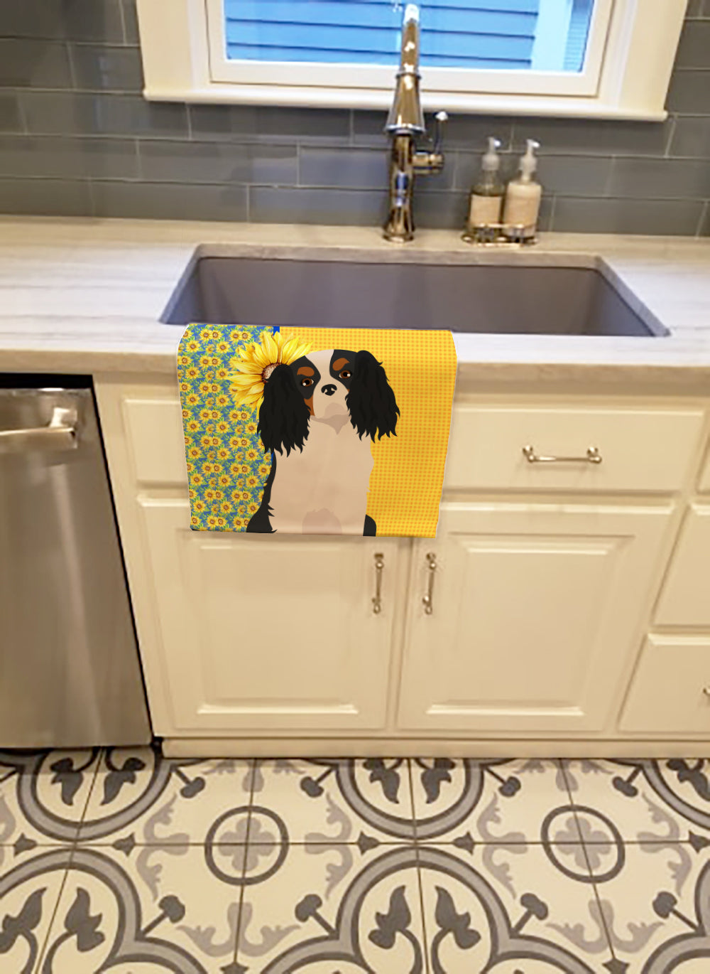 Summer Sunflowers Tricolor Cavalier Spaniel Kitchen Towel - the-store.com