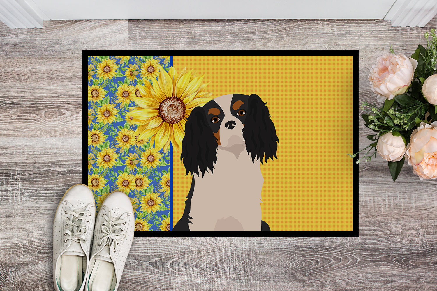 Summer Sunflowers Tricolor Cavalier Spaniel Indoor or Outdoor Mat 18x27 - the-store.com