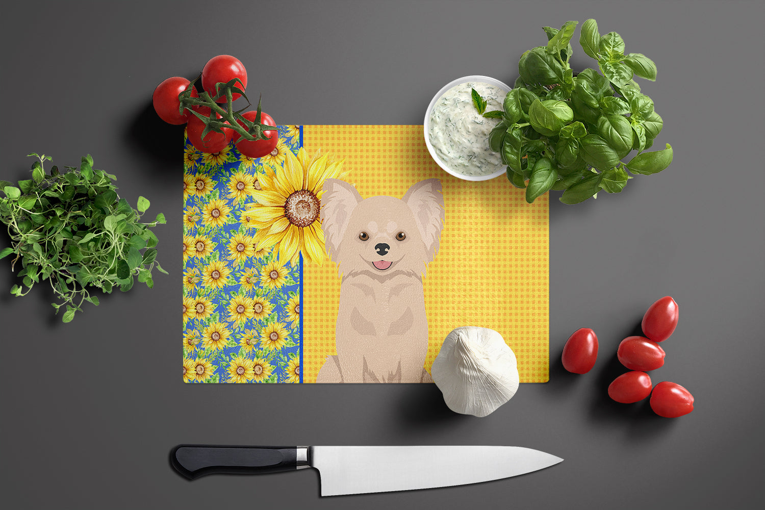 Summer Sunflowers Longhaired Cream Chihuahua Glass Cutting Board Large - the-store.com