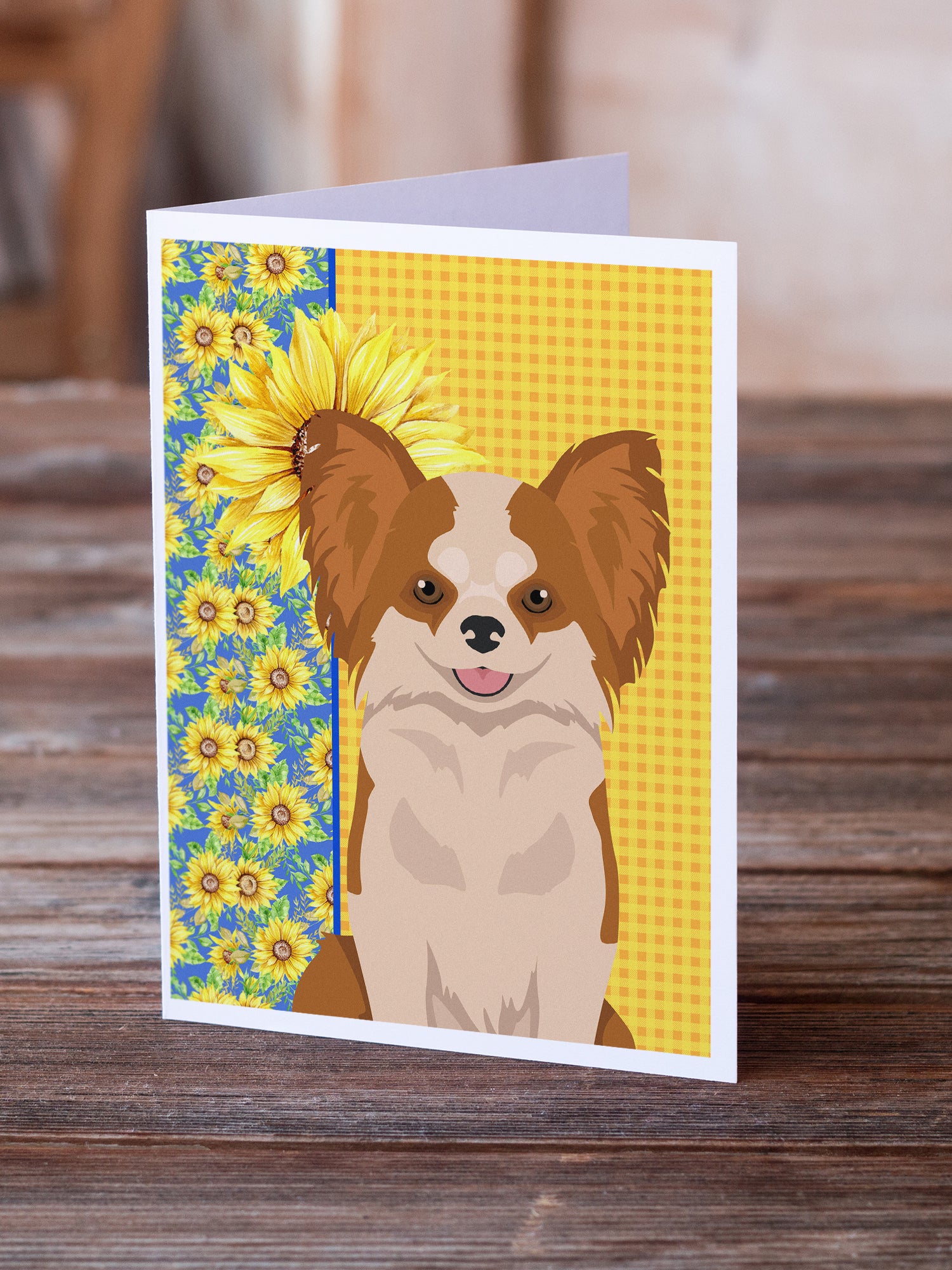 Buy this Summer Sunflowers Longhaired Red and White Chihuahua Greeting Cards and Envelopes Pack of 8