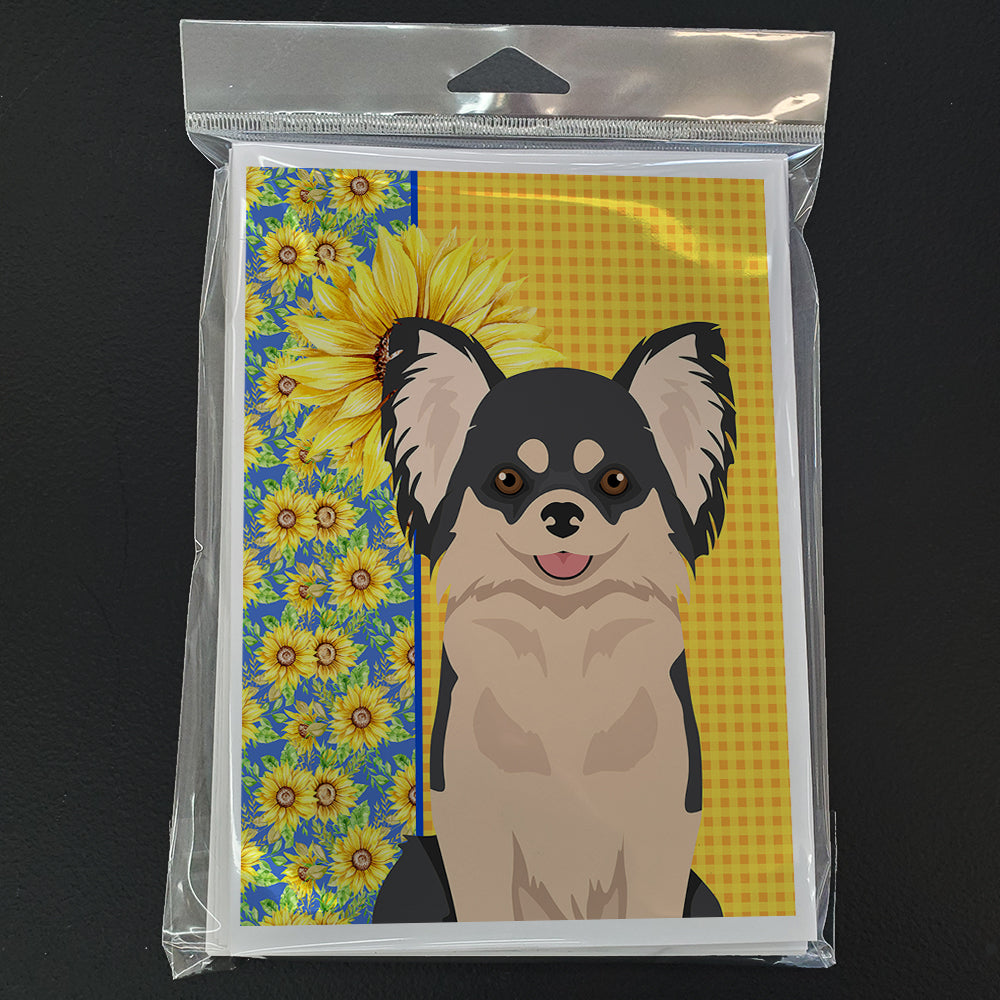 Summer Sunflowers Longhaired Black and White Chihuahua Greeting Cards and Envelopes Pack of 8 - the-store.com