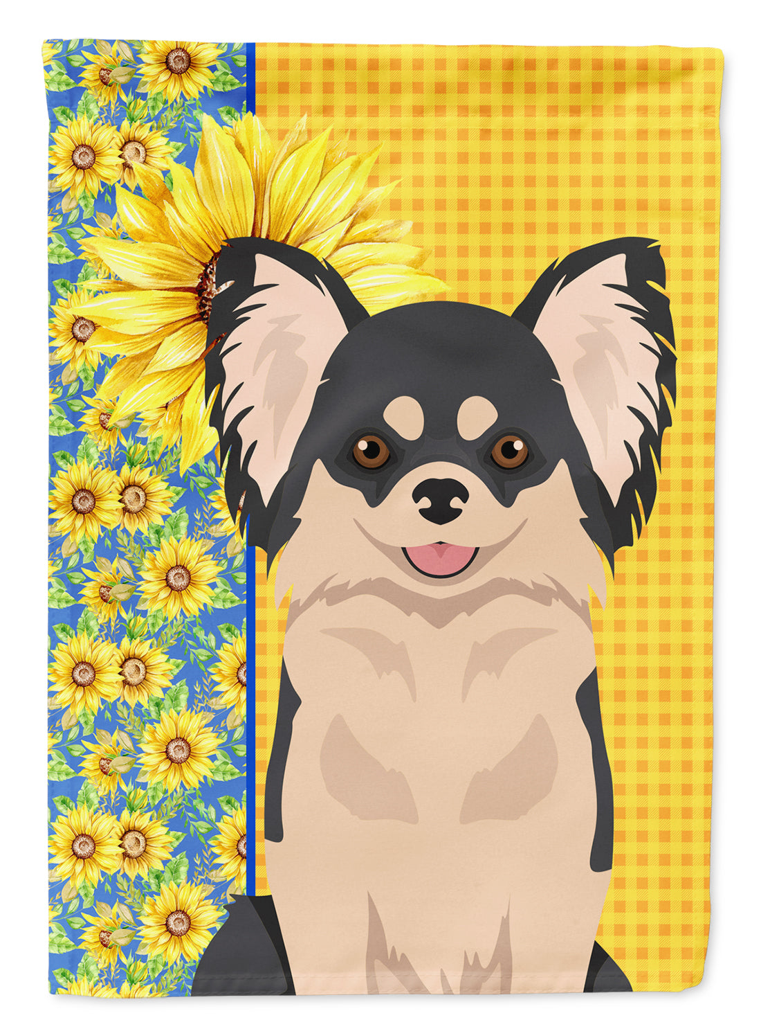 Summer Sunflowers Longhaired Black and White Chihuahua Flag Garden Size  the-store.com.