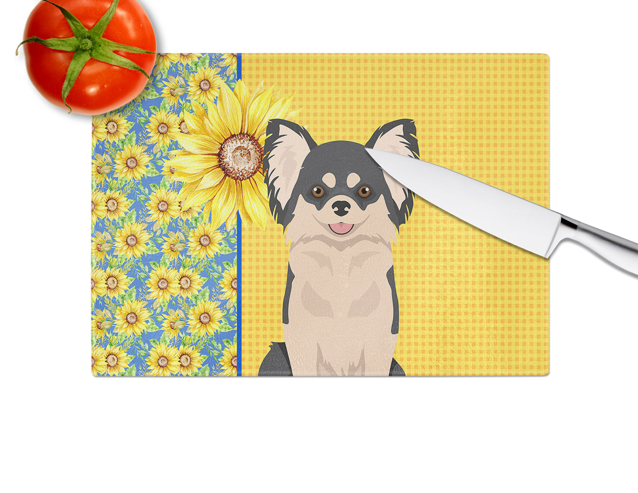 Summer Sunflowers Longhaired Black and White Chihuahua Glass Cutting Board Large - the-store.com