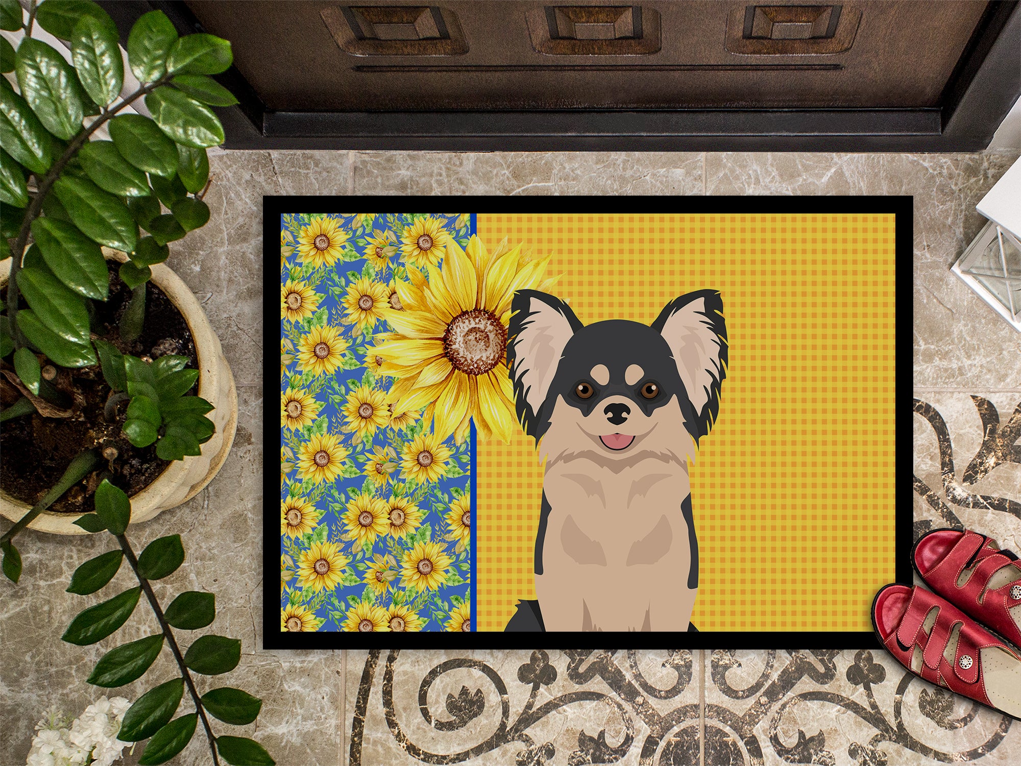 Summer Sunflowers Longhaired Black and White Chihuahua Indoor or Outdoor Mat 18x27 - the-store.com