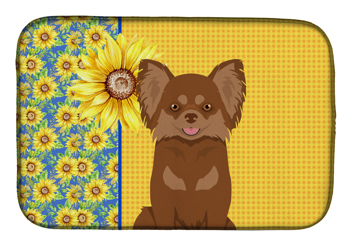 Summer Sunflowers Longhaired Chocolate and Tan Chihuahua Dish Drying Mat  the-store.com.