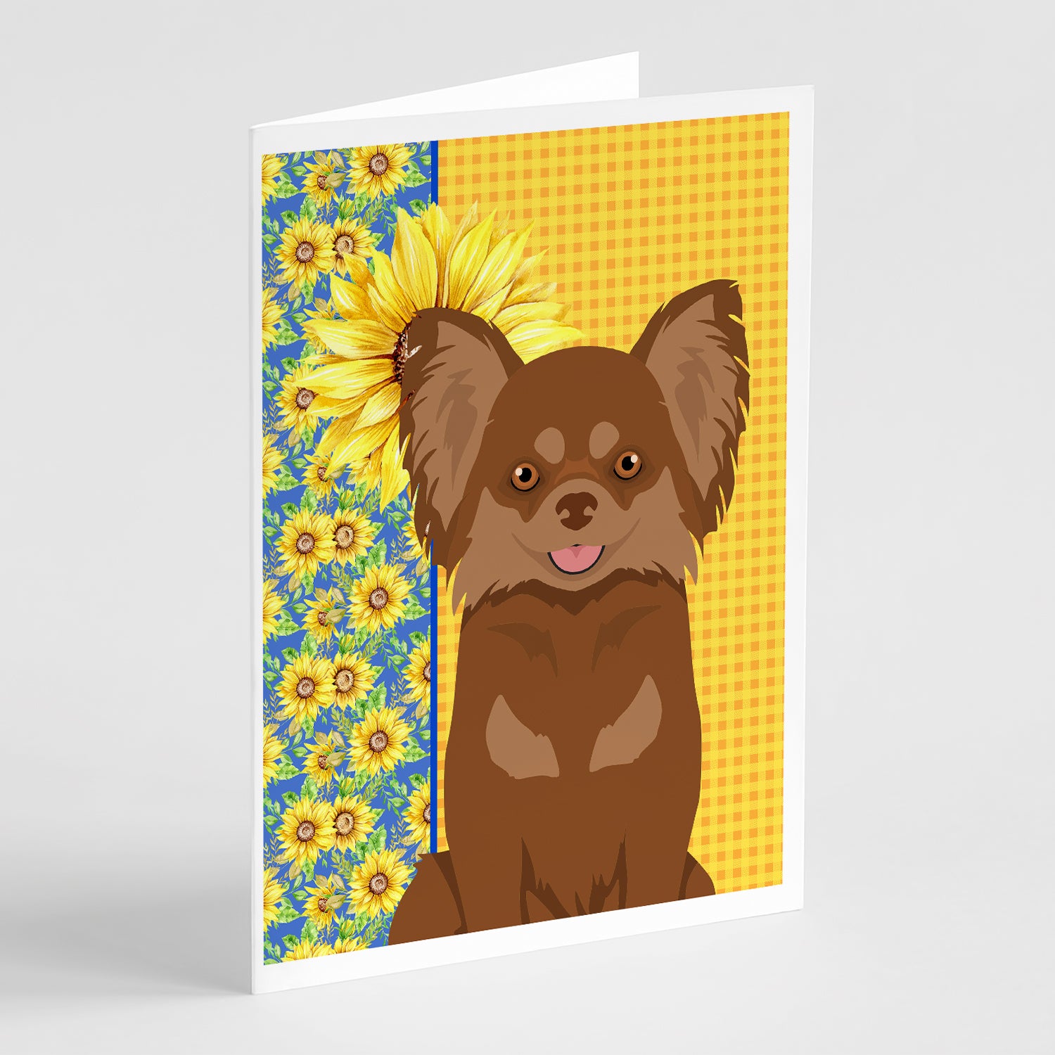 Buy this Summer Sunflowers Longhaired Chocolate and Tan Chihuahua Greeting Cards and Envelopes Pack of 8