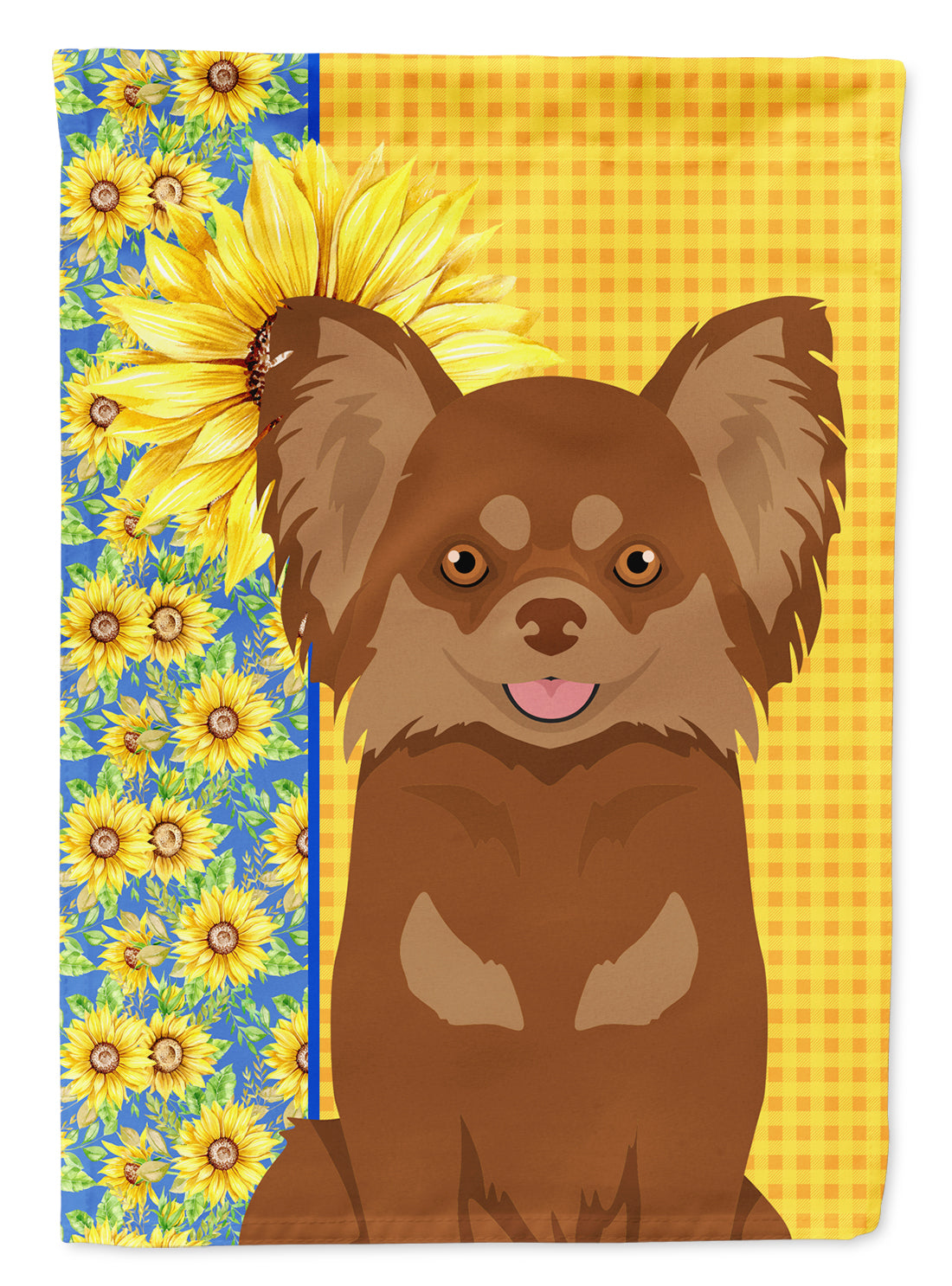 Summer Sunflowers Longhaired Chocolate and Tan Chihuahua Flag Garden Size  the-store.com.