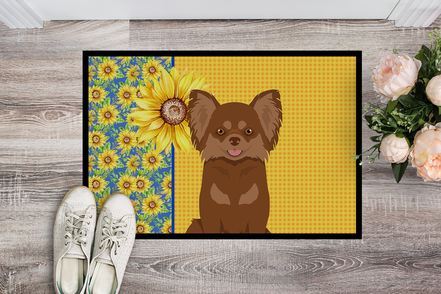 Summer Sunflowers Longhaired Chocolate and Tan Chihuahua Indoor or Outdoor Mat 18x27 - the-store.com