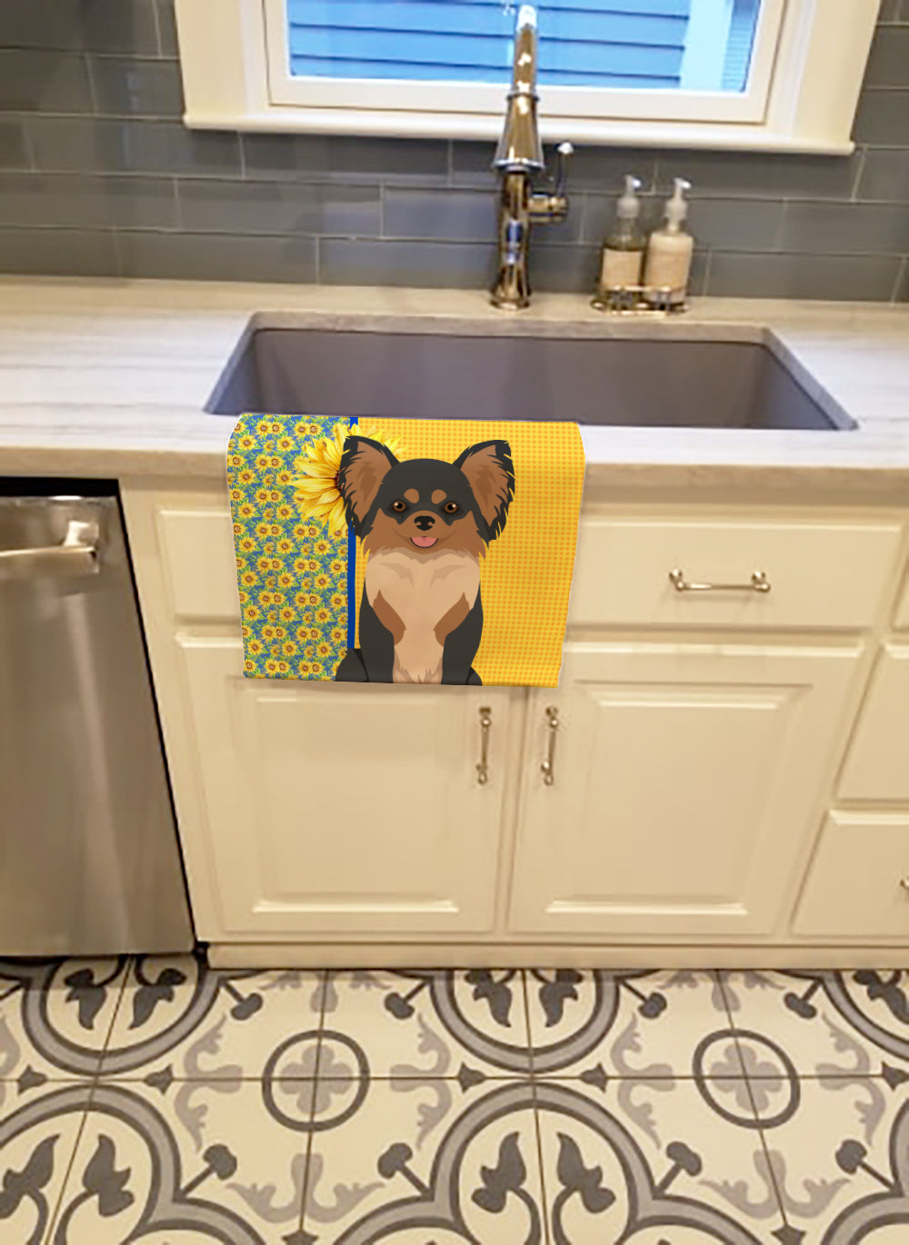 Summer Sunflowers Longhaired Black and Tan Chihuahua Kitchen Towel - the-store.com