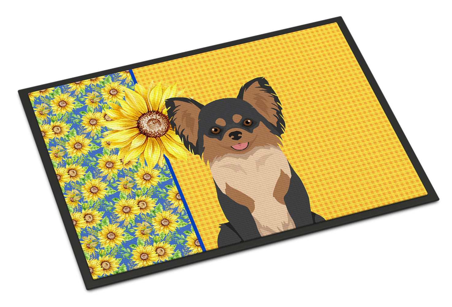 Buy this Summer Sunflowers Longhaired Black and Tan Chihuahua Indoor or Outdoor Mat 18x27