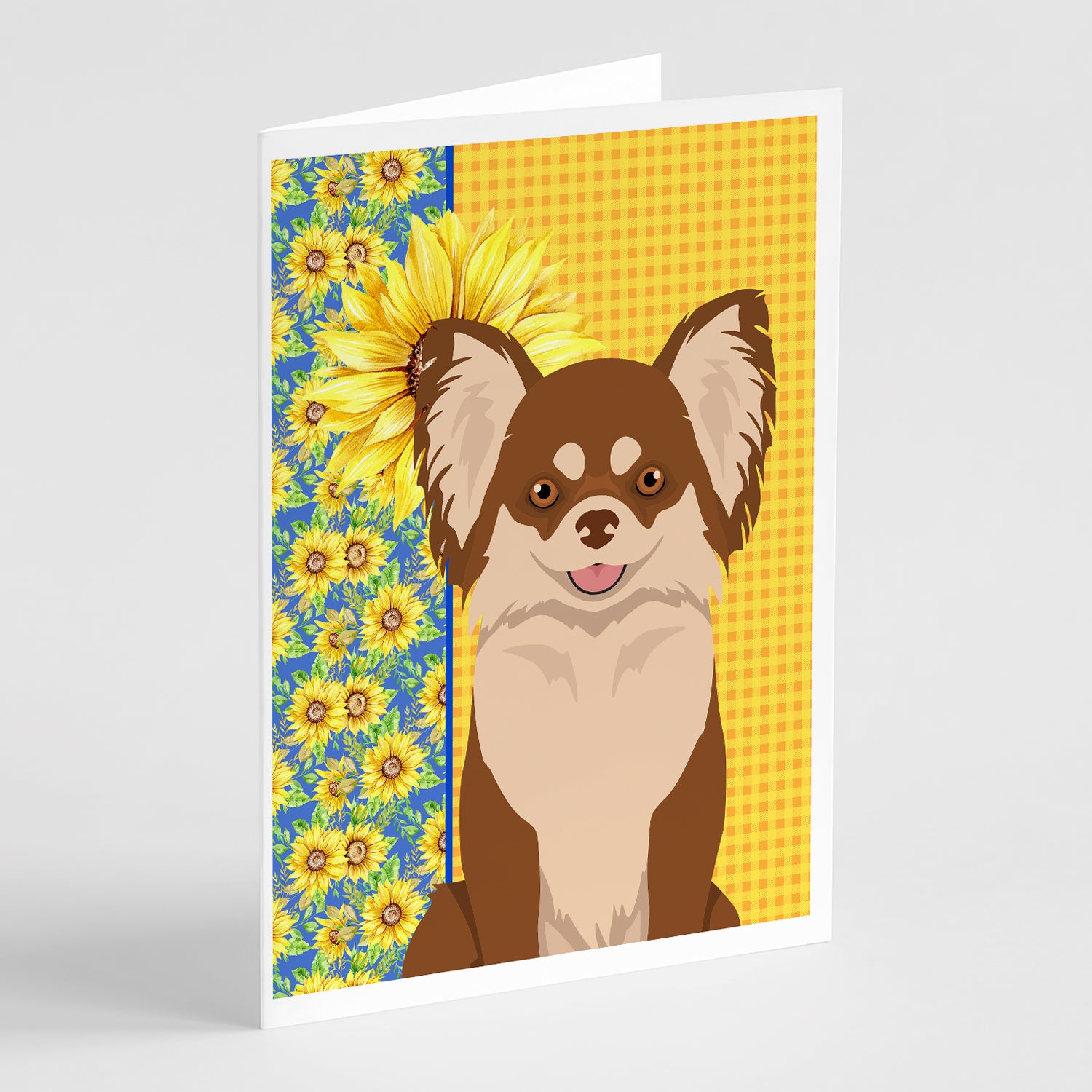 Buy this Summer Sunflowers Longhaired Chocolate and White Chihuahua Greeting Cards and Envelopes Pack of 8