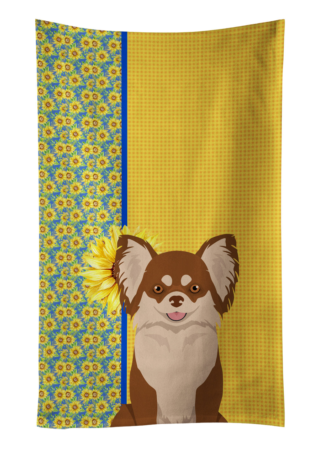 Buy this Summer Sunflowers Longhaired Chocolate and White Chihuahua Kitchen Towel